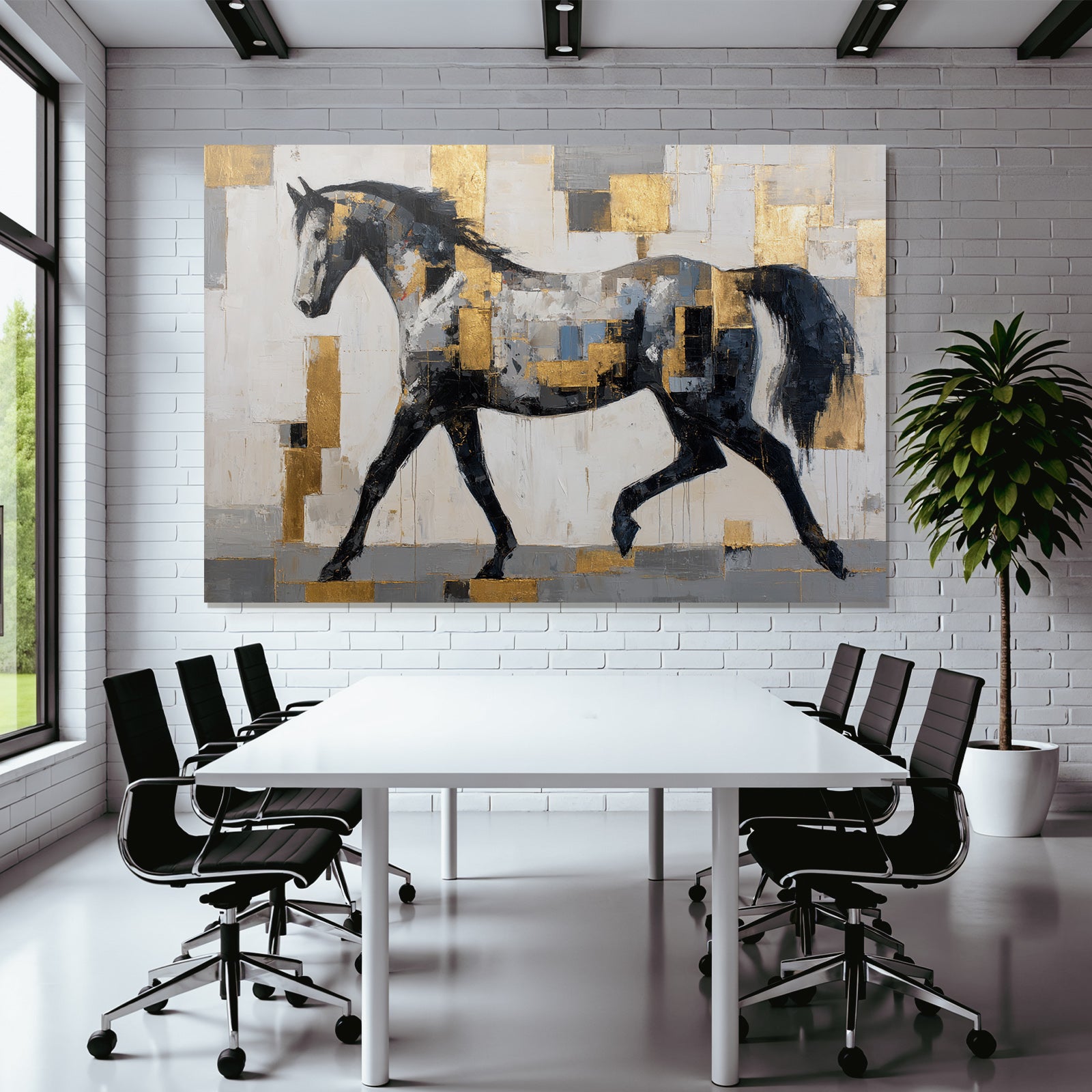 Abstraktes Gemaelde Eines Pferdes In Patchworkstil Schwarz Weiss Grau Gold