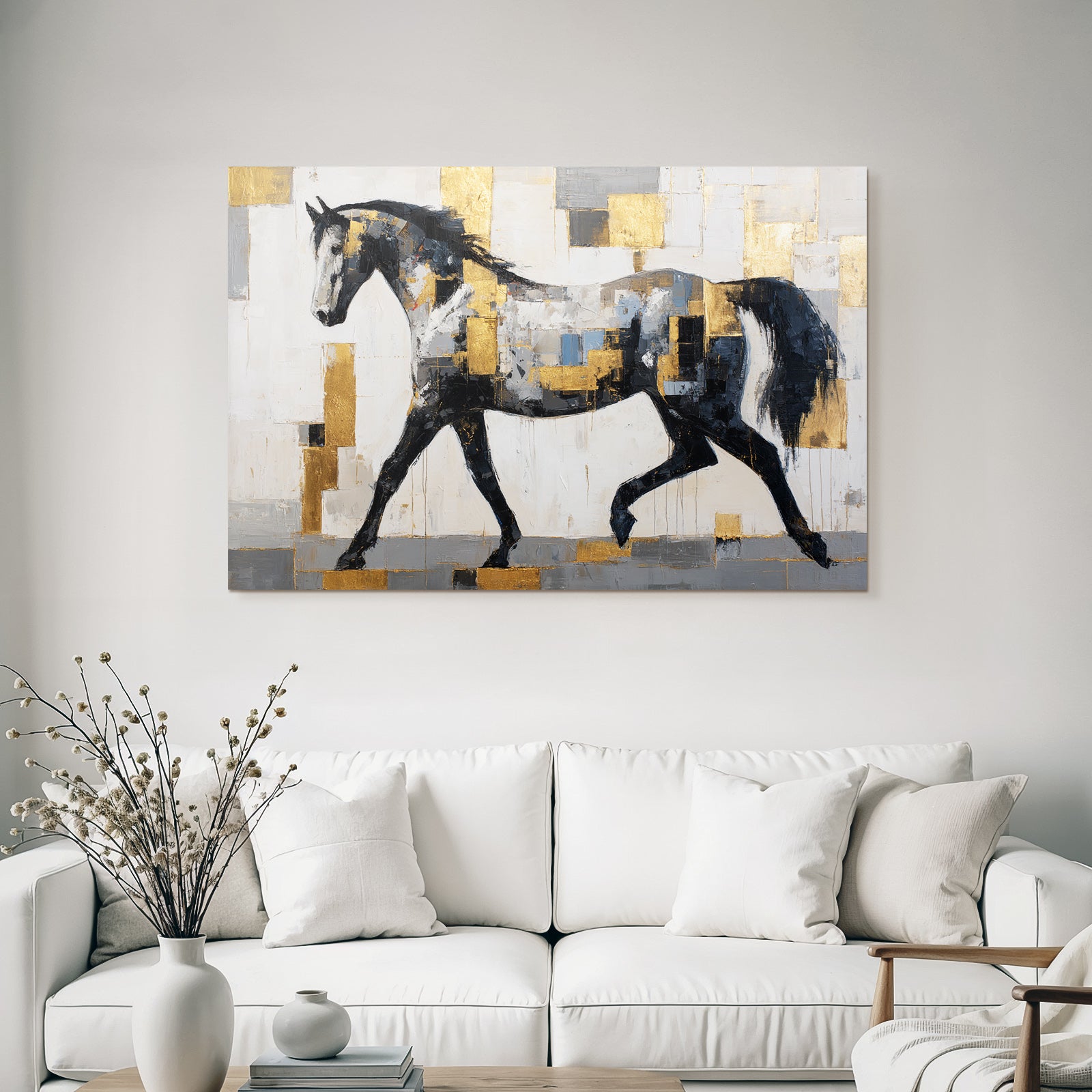 Abstraktes Gemaelde Eines Pferdes In Patchworkstil Schwarz Weiss Grau Gold