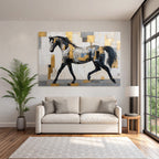 Abstraktes Gemaelde Eines Pferdes In Patchworkstil Schwarz Weiss Grau Gold