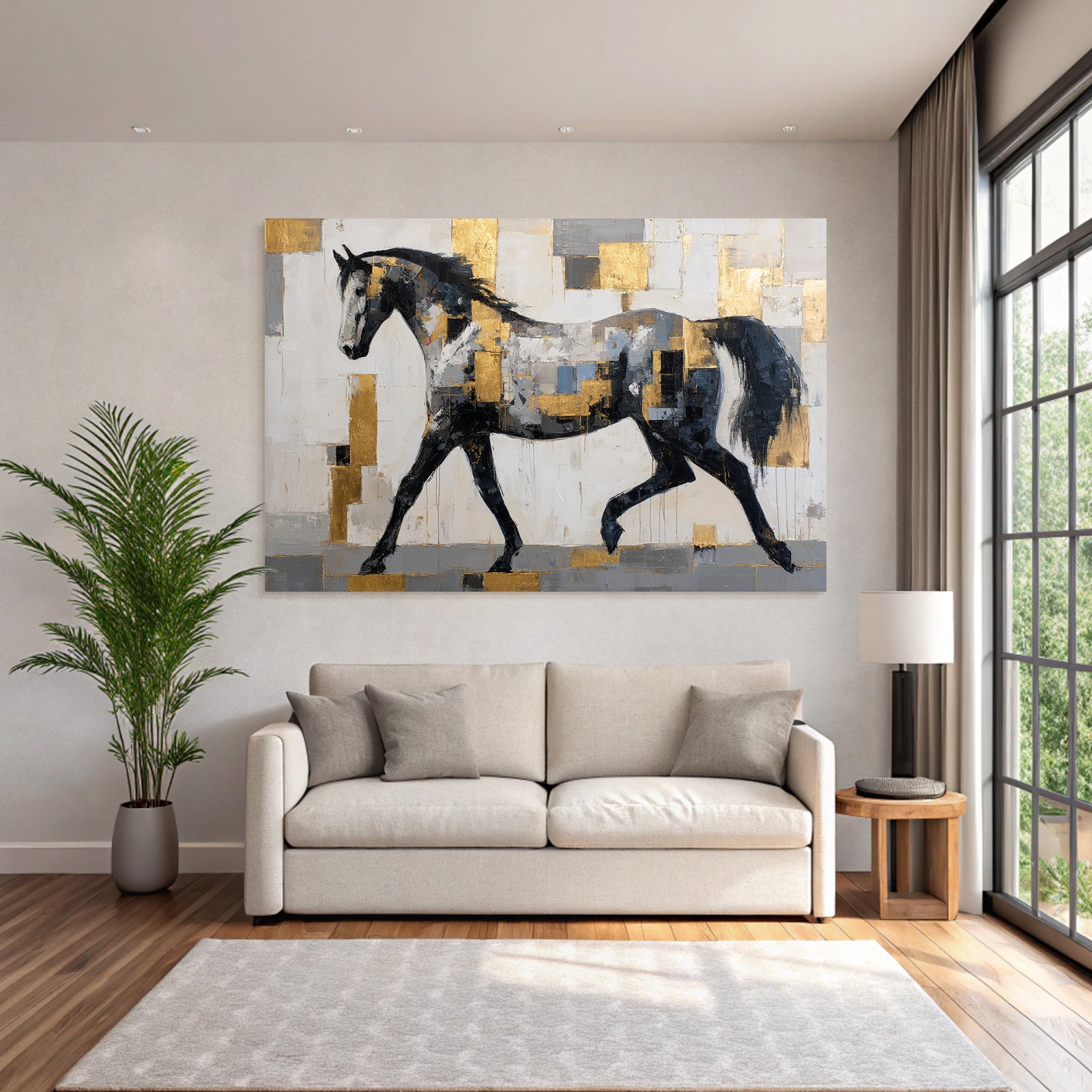 Abstraktes Gemaelde Eines Pferdes In Patchworkstil Schwarz Weiss Grau Gold
