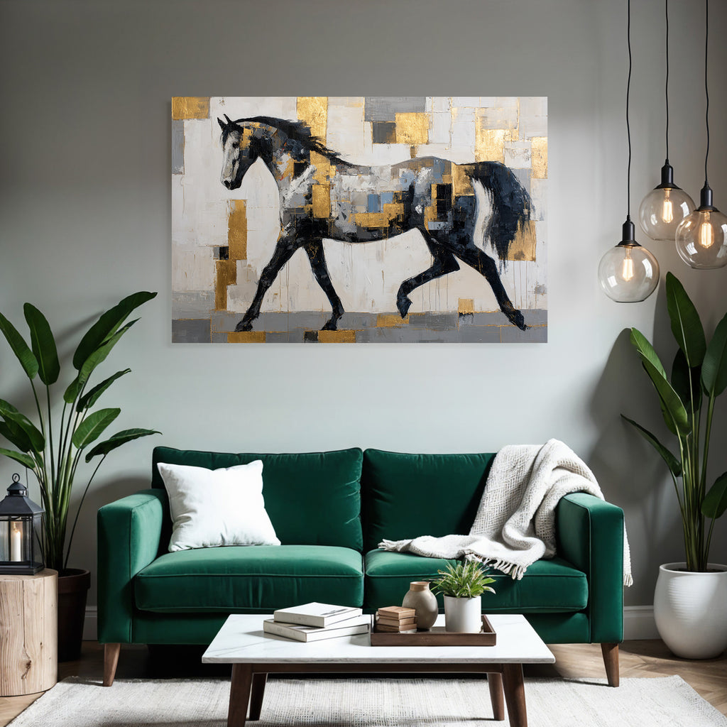 Abstraktes Gemaelde Eines Pferdes In Patchworkstil Schwarz Weiss Grau Gold