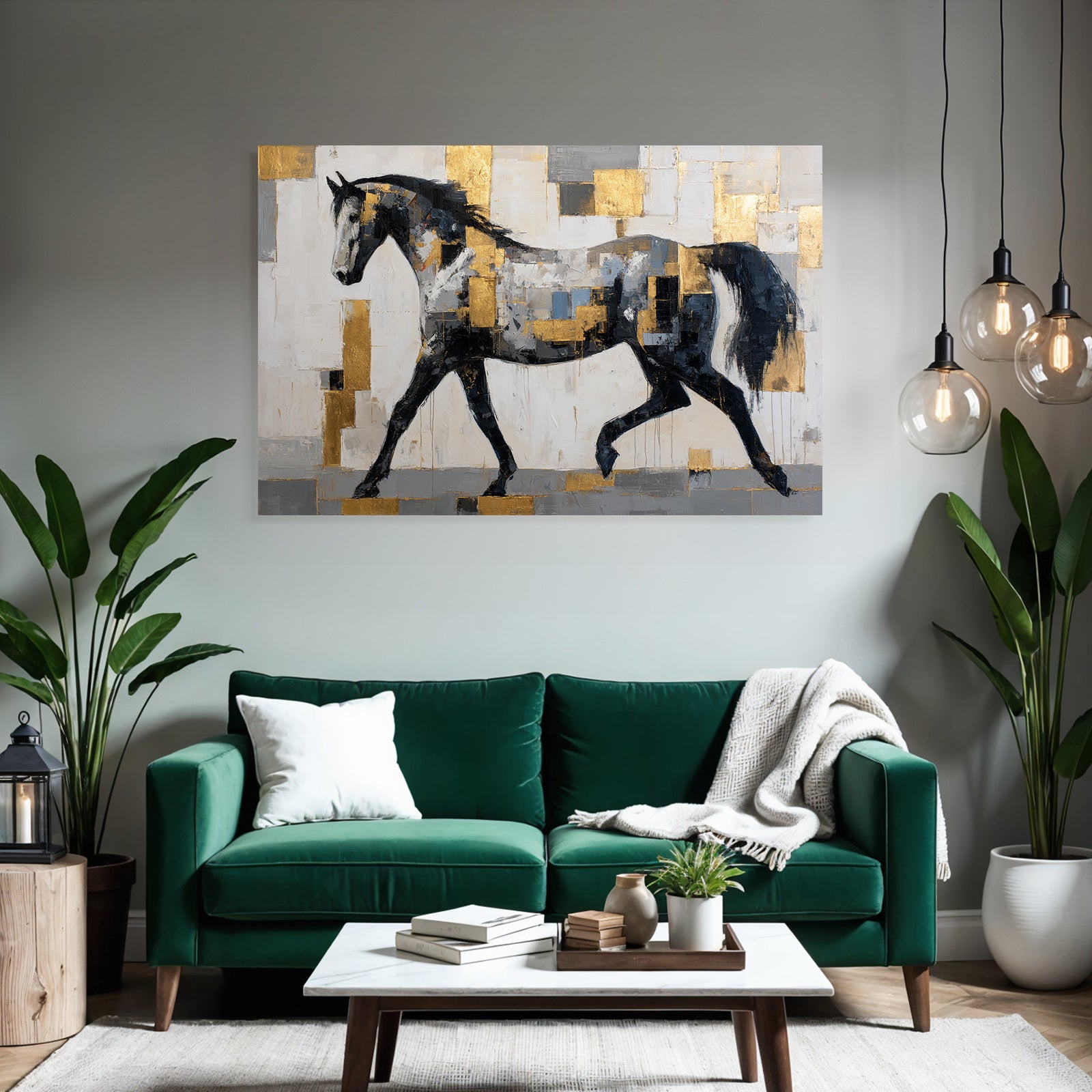 Abstraktes Gemaelde Eines Pferdes In Patchworkstil Schwarz Weiss Grau Gold