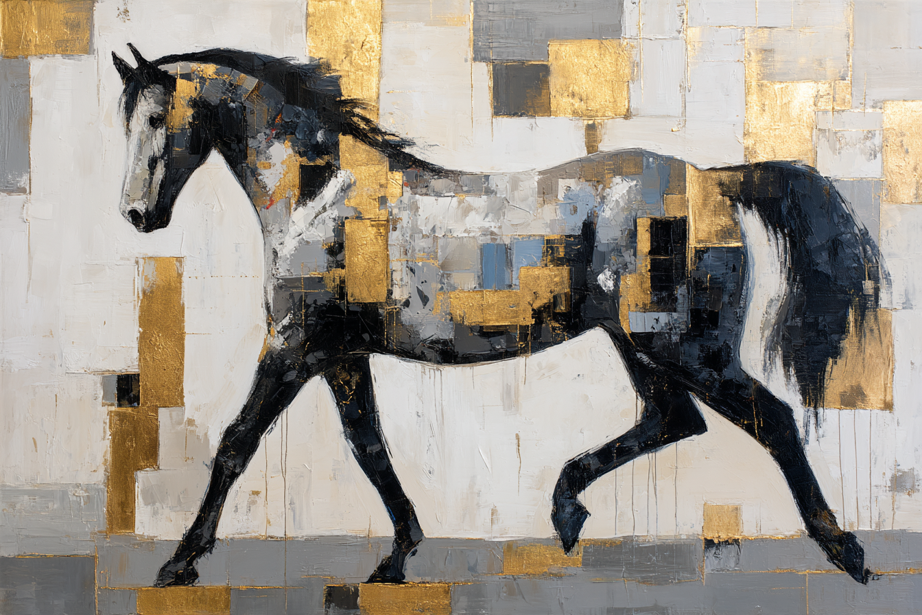 Abstraktes Gemaelde Eines Pferdes In Patchworkstil Schwarz Weiss Grau Gold | Grandeur Chic | Einrichtungsstile