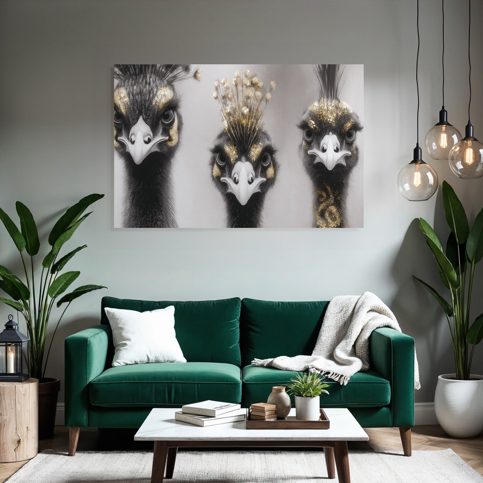 Drei Stilisierte Voegel Mit Ornamenten Und Goldakzenten