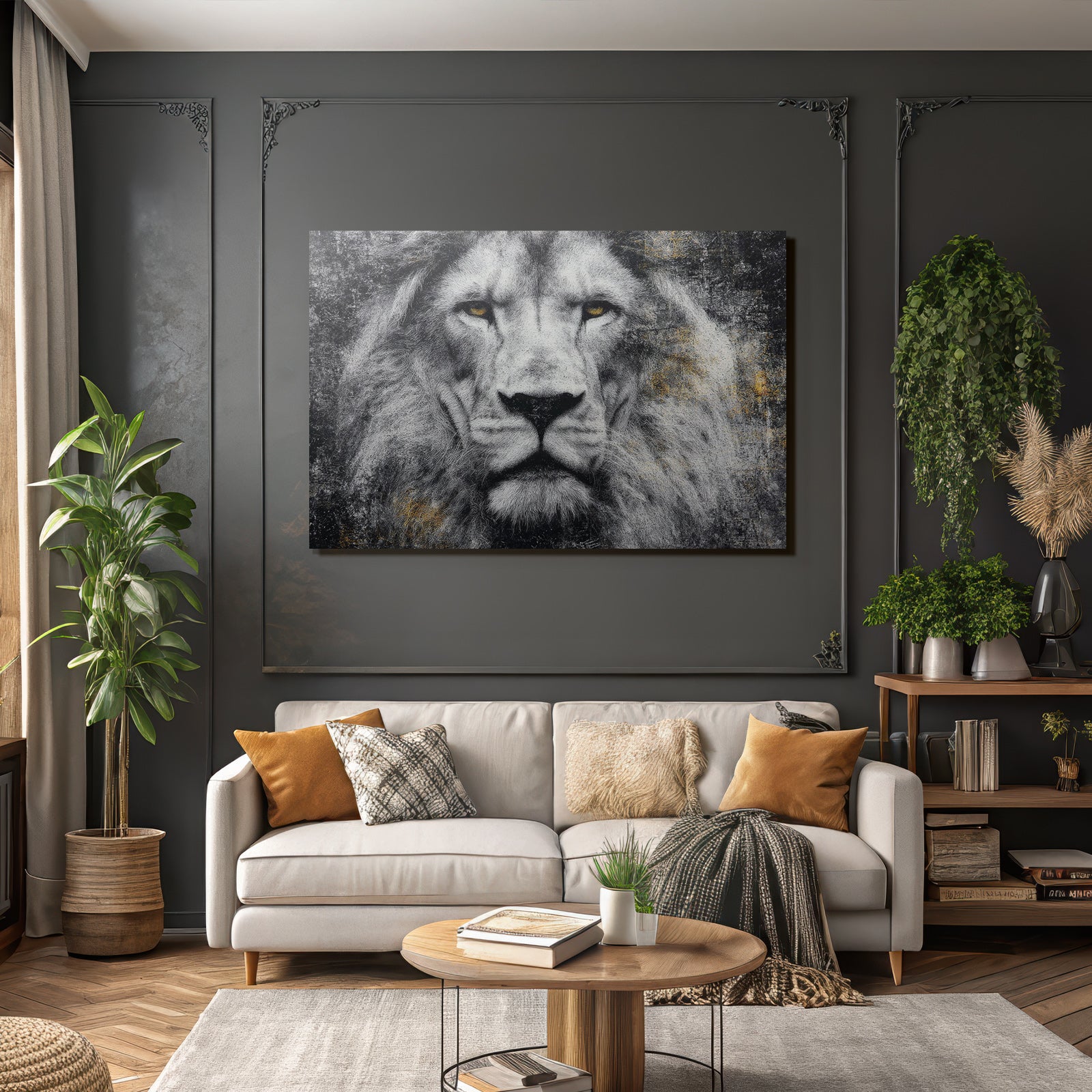 Nahaufnahme Des Gesichts Eines Lions Mit Stilisierten Details In Schwarz Und Gold