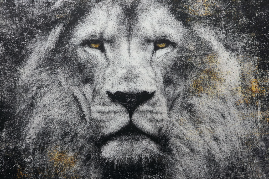 Nahaufnahme Des Gesichts Eines Lions Mit Stilisierten Details In Schwarz Und Gold | Grandeur Chic | Einrichtungsstile
