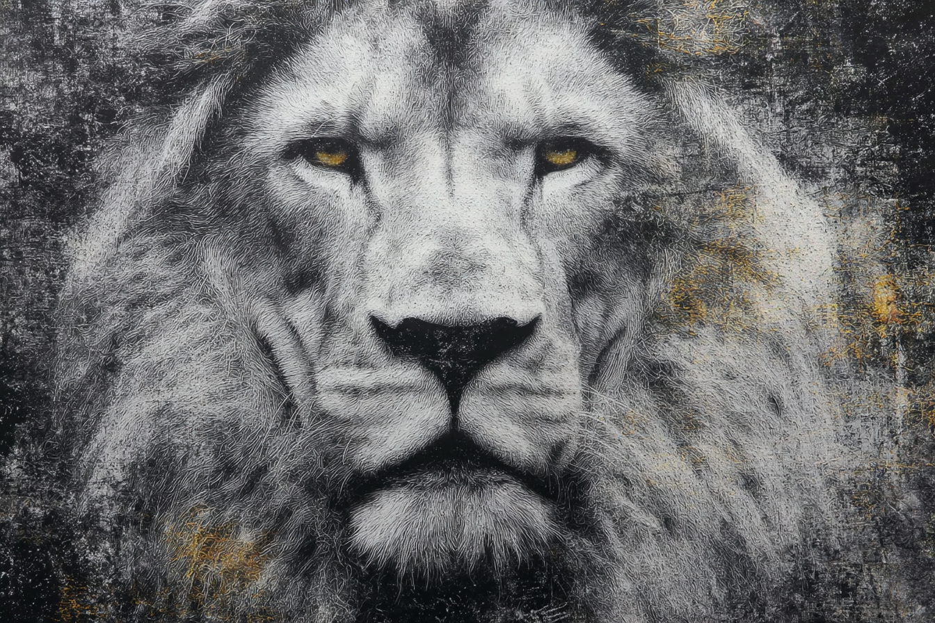 Nahaufnahme Des Gesichts Eines Lions Mit Stilisierten Details In Schwarz Und Gold | Grandeur Chic | Einrichtungsstile