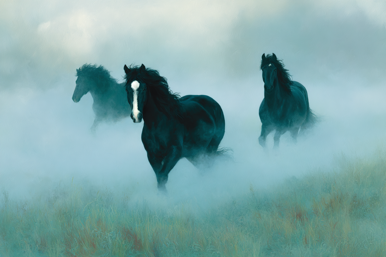 Schwarze Pferde Im Nebel Traumhaft Landschaft | Grandeur Chic | Einrichtungsstile