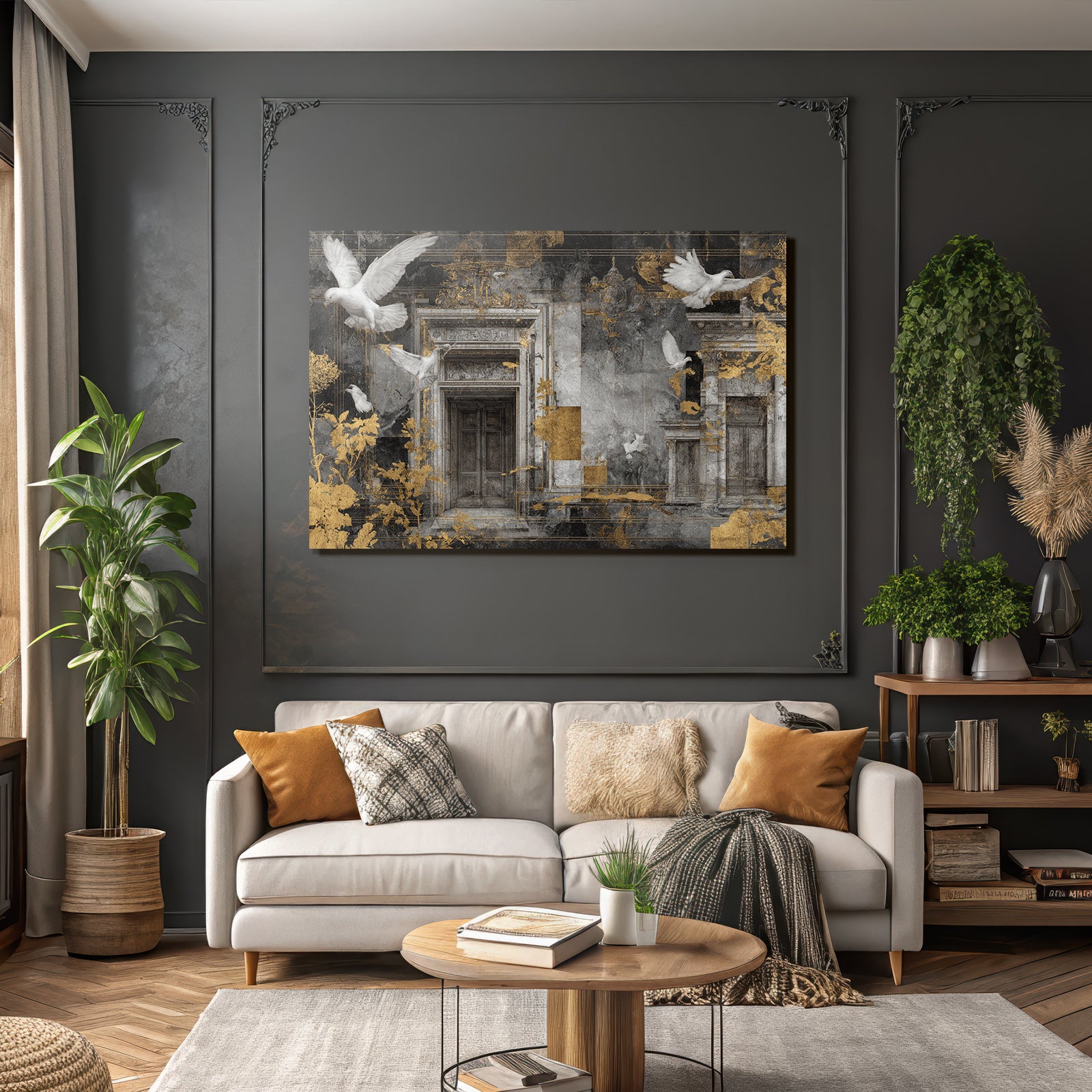 Tauben Und Architektonische Elemente Mit Texturen Und Farben In Goldakzenten