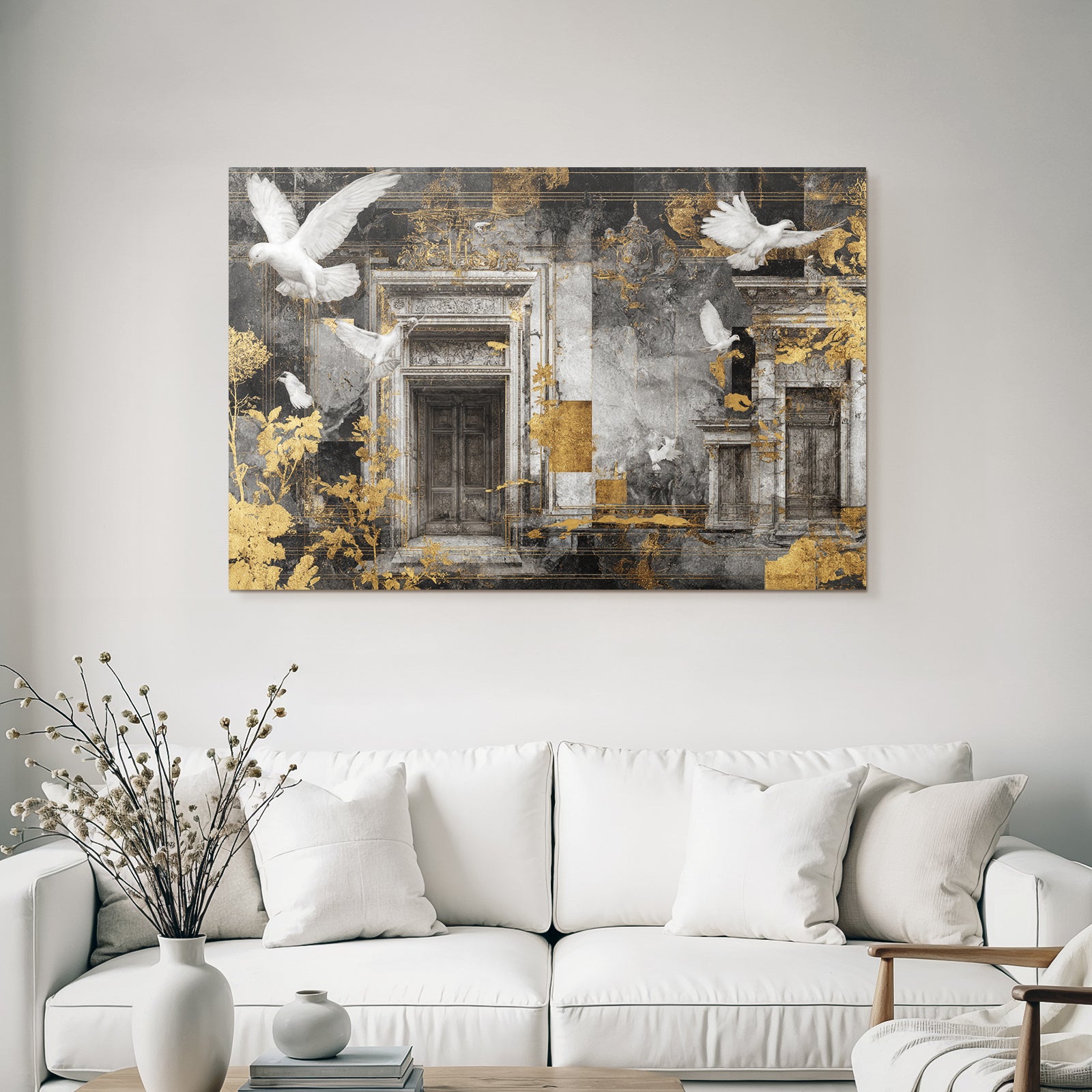 Tauben Und Architektonische Elemente Mit Texturen Und Farben In Goldakzenten