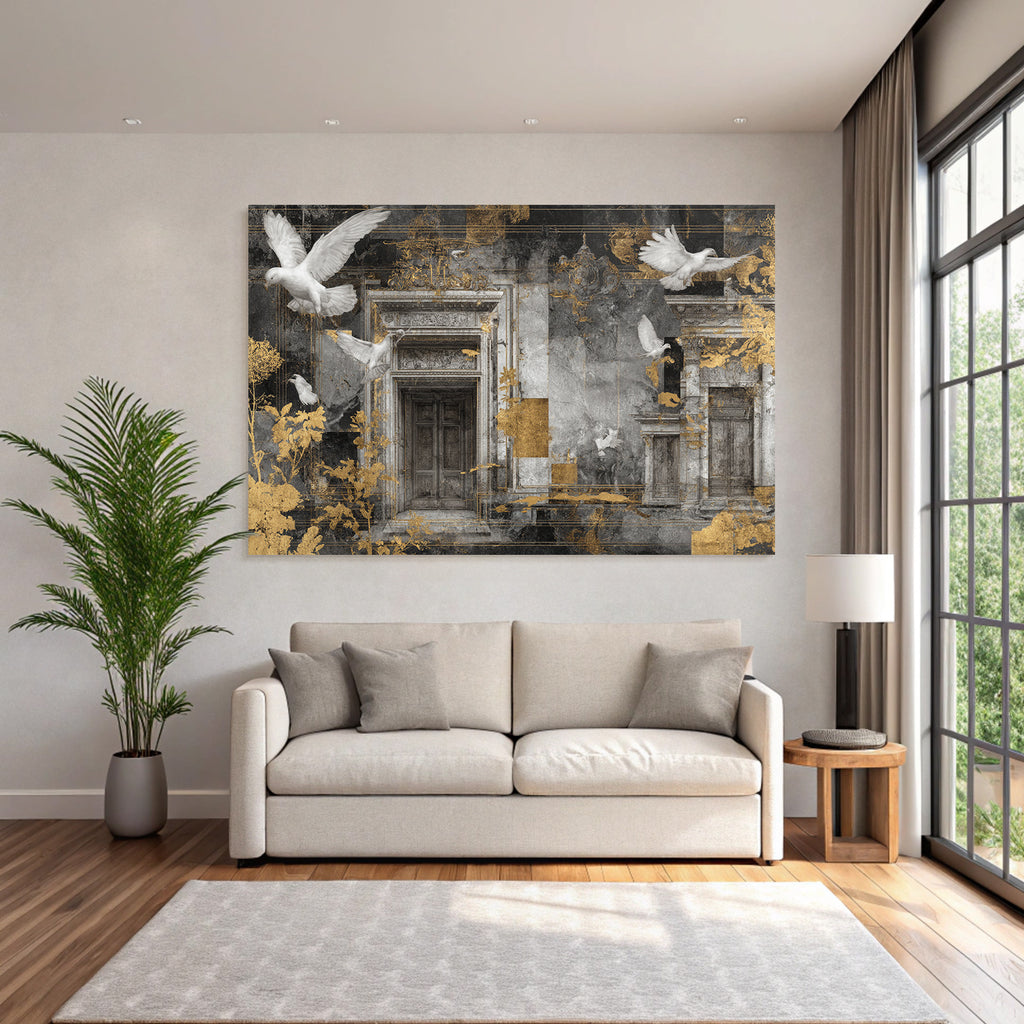Tauben Und Architektonische Elemente Mit Texturen Und Farben In Goldakzenten
