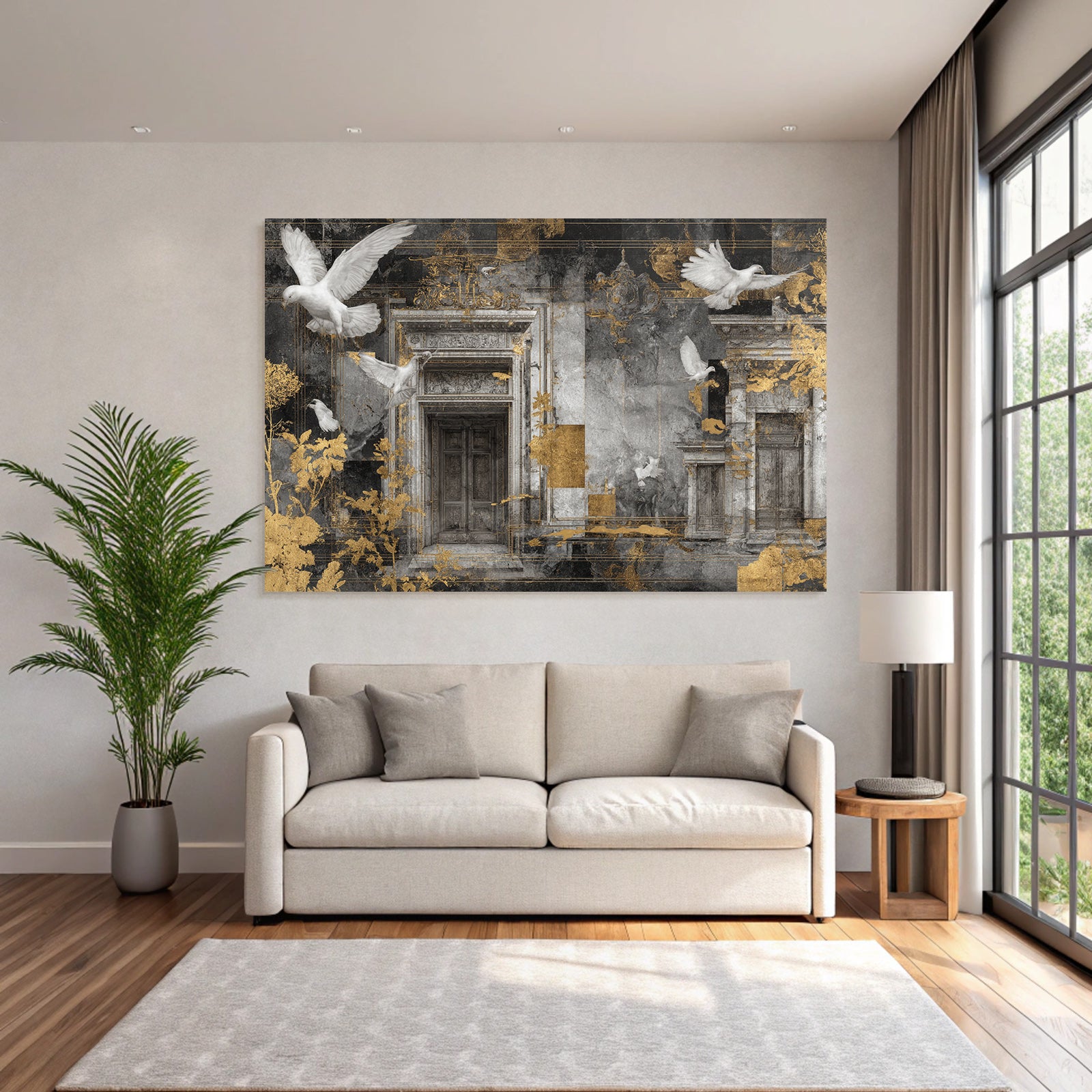 Tauben Und Architektonische Elemente Mit Texturen Und Farben In Goldakzenten