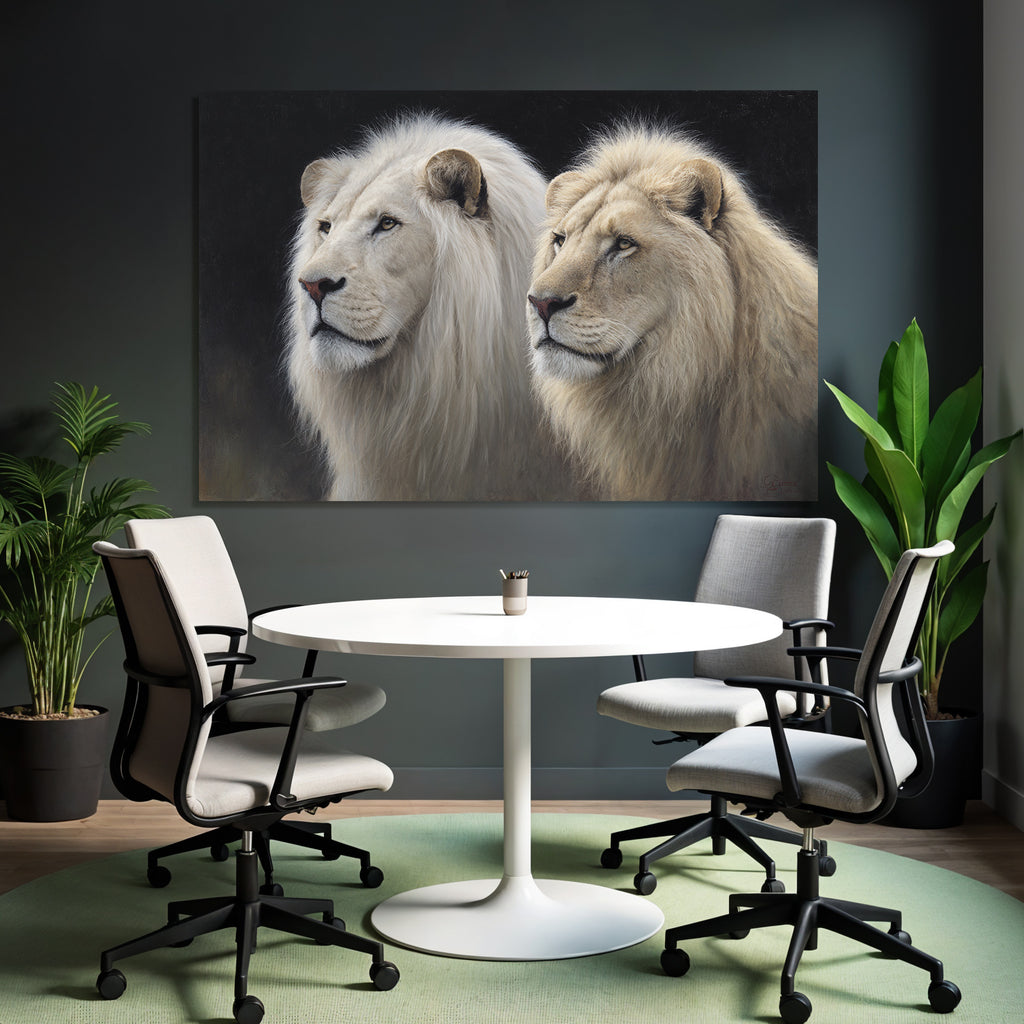 Zwei Loewen Mit Heller Und Traditioneller Maehne Auf Dunklem Hintergrund