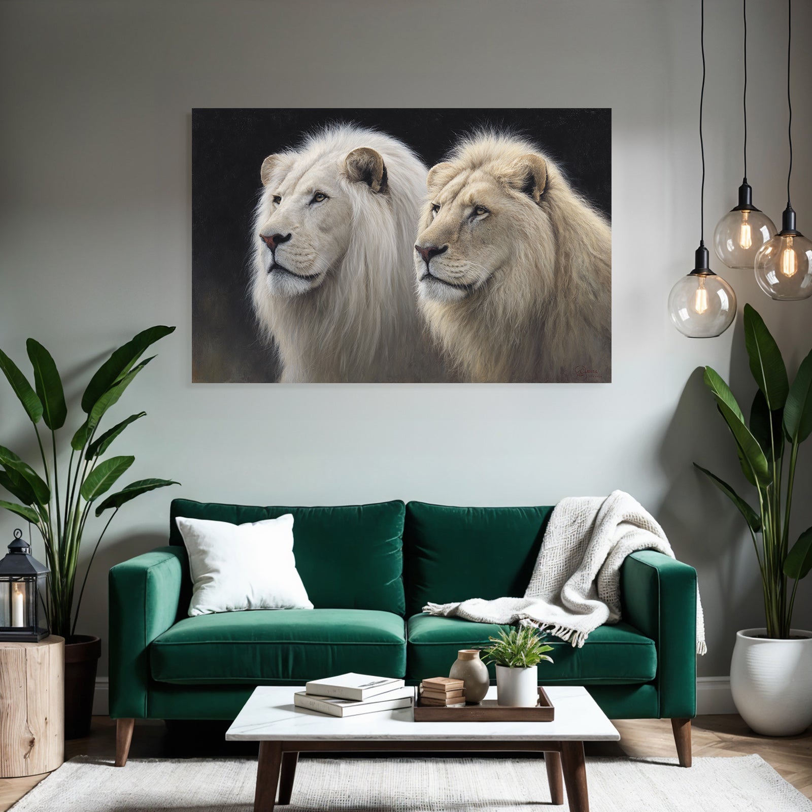 Zwei Loewen Mit Heller Und Traditioneller Maehne Auf Dunklem Hintergrund