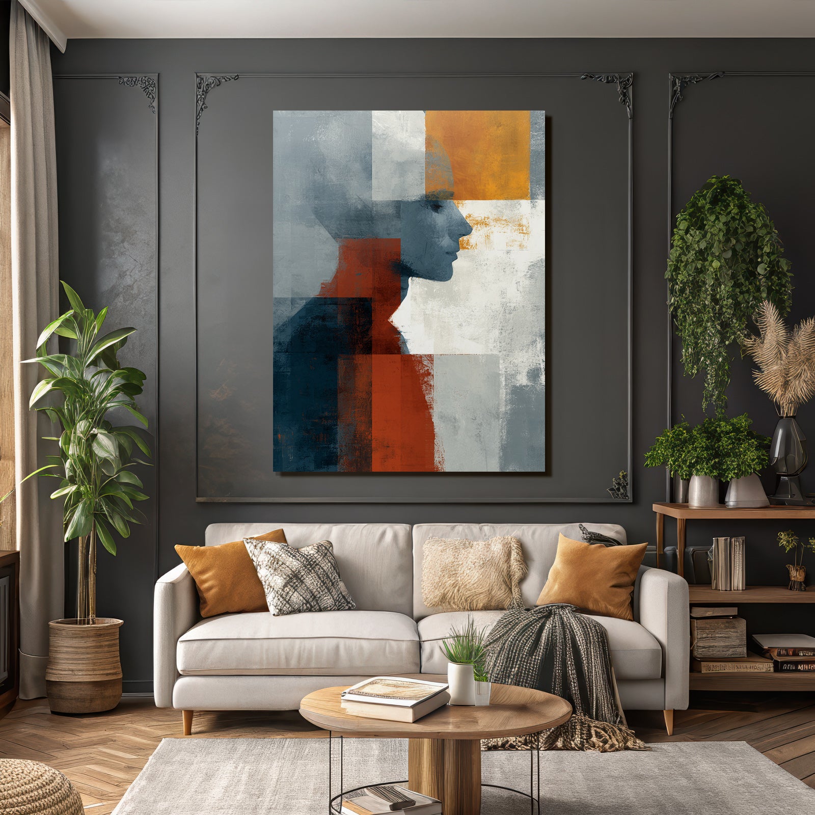 Abstrakte Illustration Profil Silhouette Geometrische Formen Grau Orange Weiss