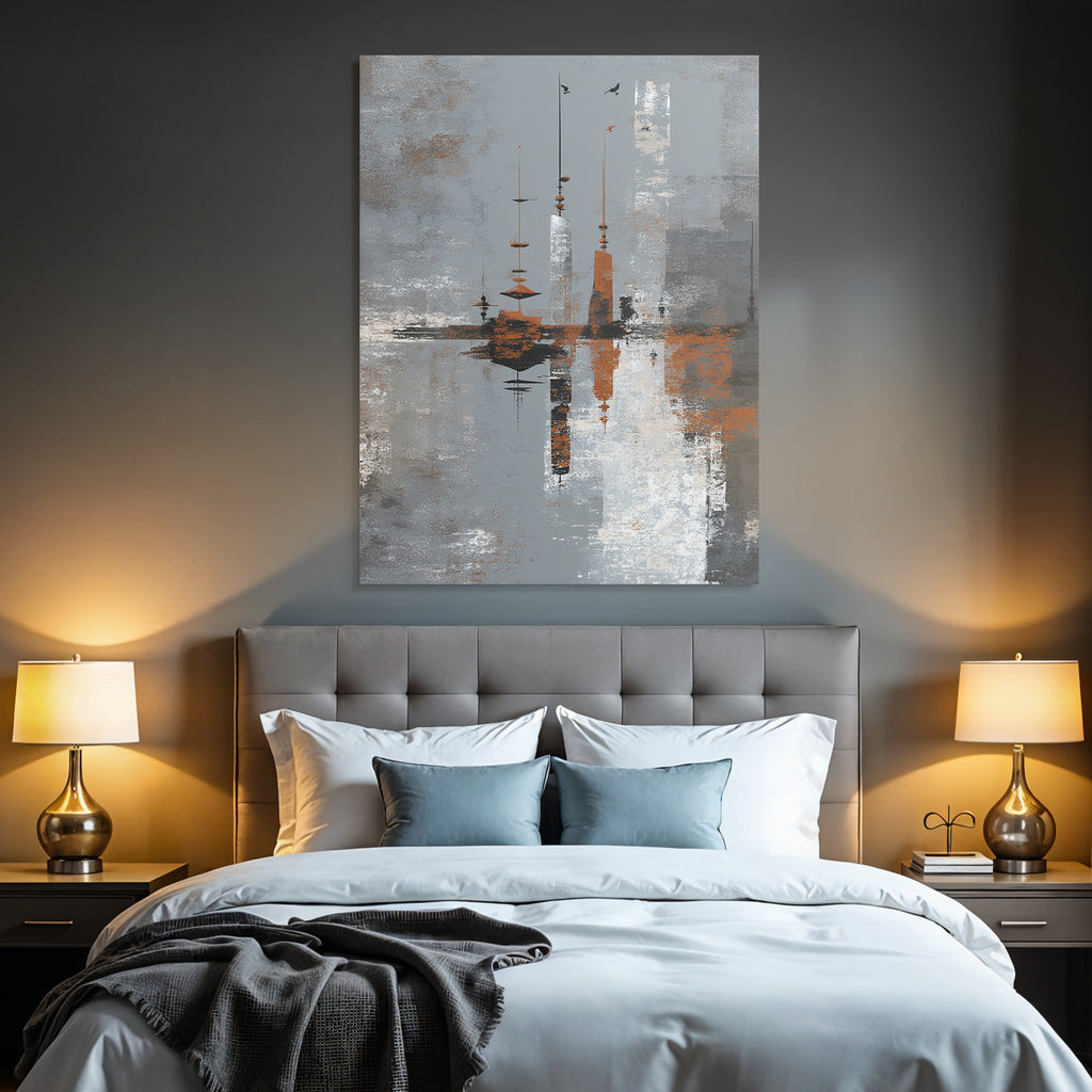 Abstrakte Kunst Mit Turmn Und Wasser Grau Weiss Orange