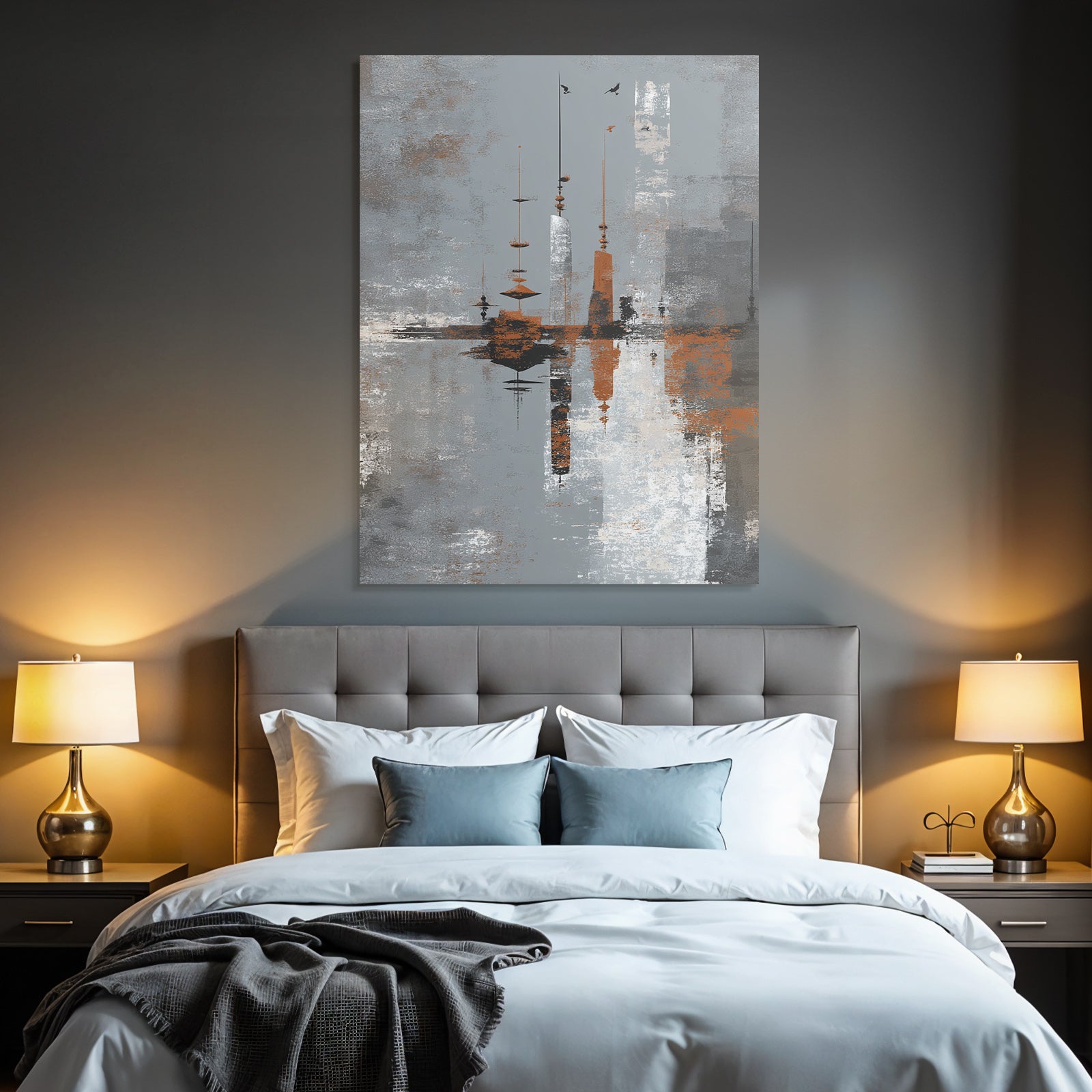 Abstrakte Kunst Mit Turmn Und Wasser Grau Weiss Orange