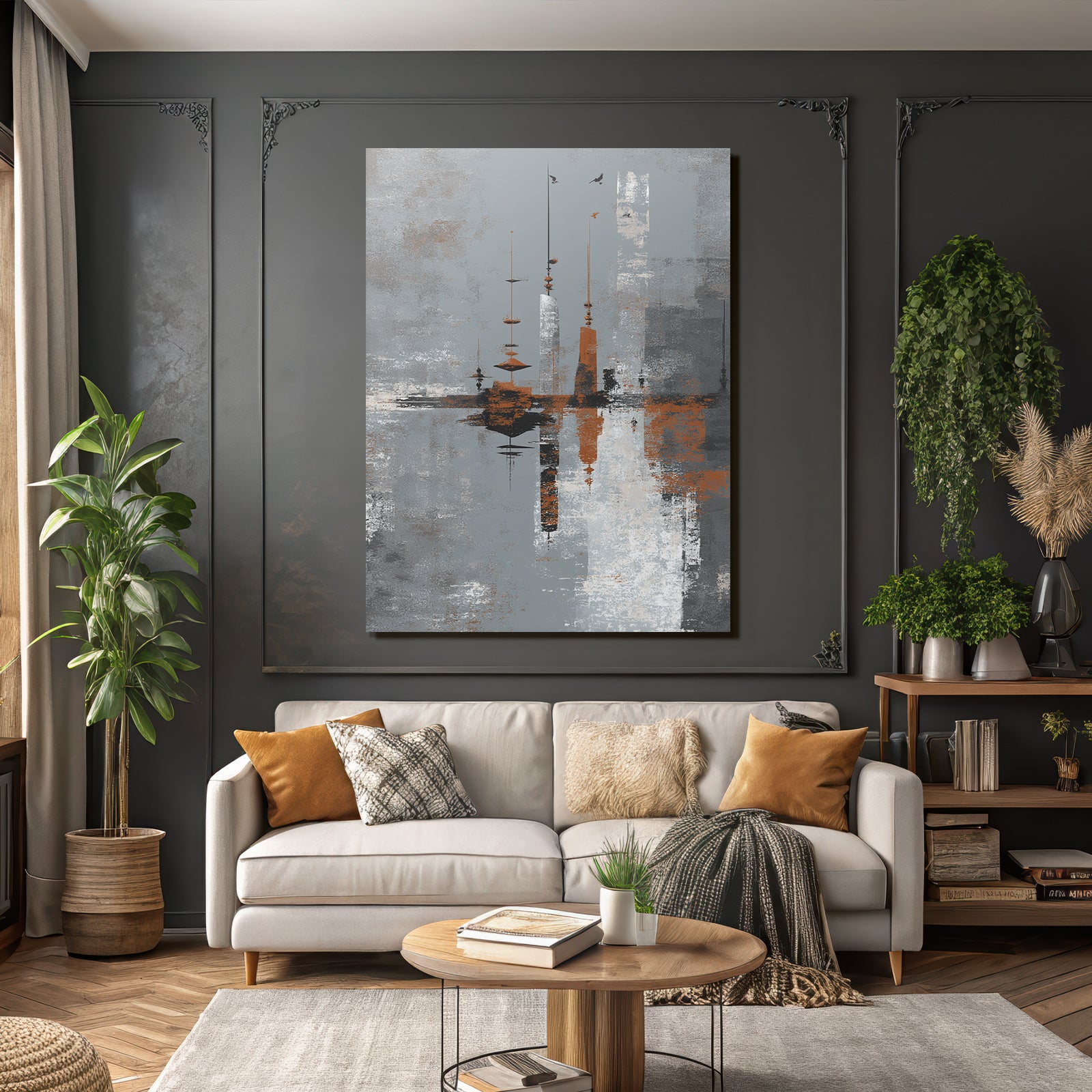 Abstrakte Kunst Mit Turmn Und Wasser Grau Weiss Orange