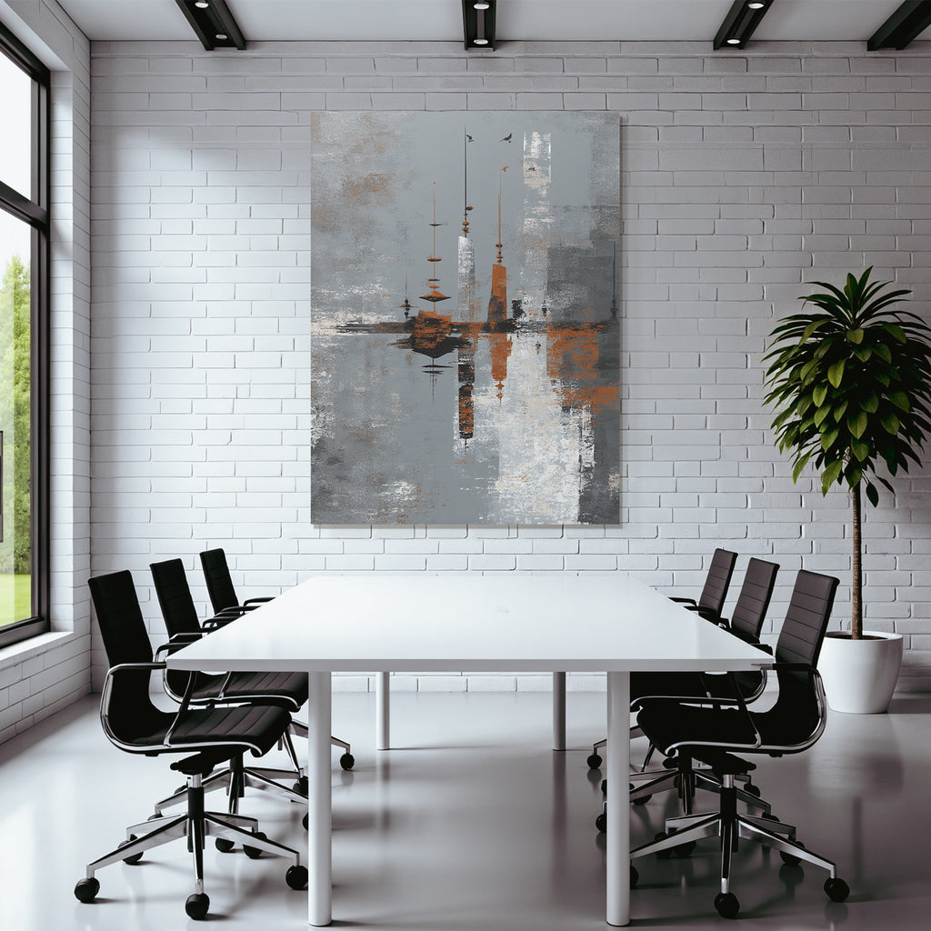 Abstrakte Kunst Mit Turmn Und Wasser Grau Weiss Orange