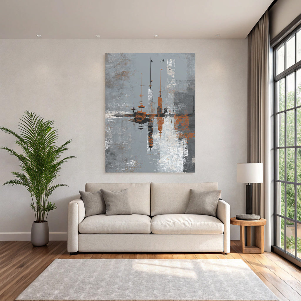 Abstrakte Kunst Mit Turmn Und Wasser Grau Weiss Orange
