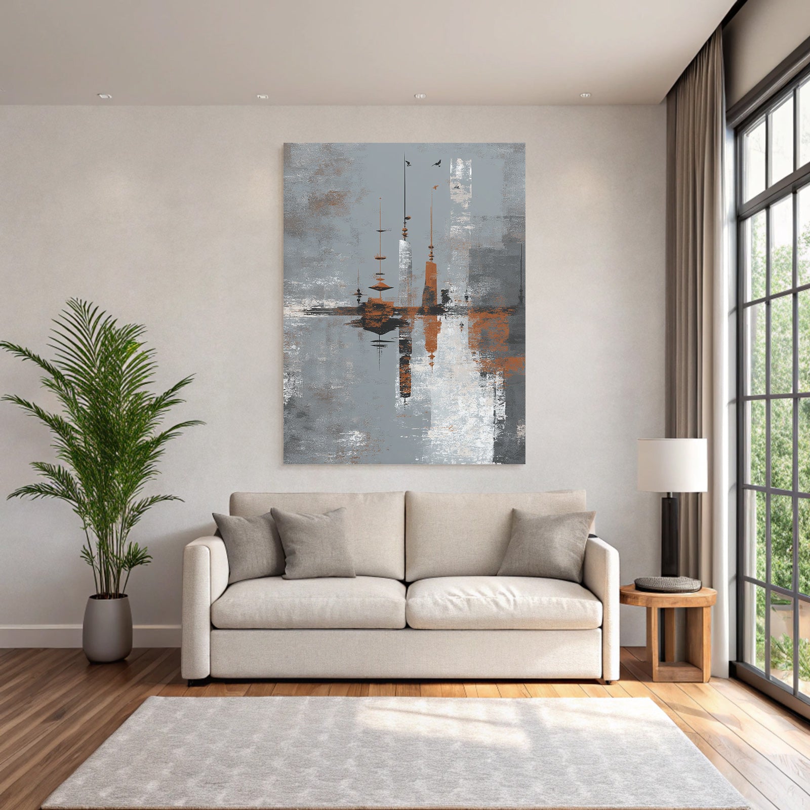 Abstrakte Kunst Mit Turmn Und Wasser Grau Weiss Orange
