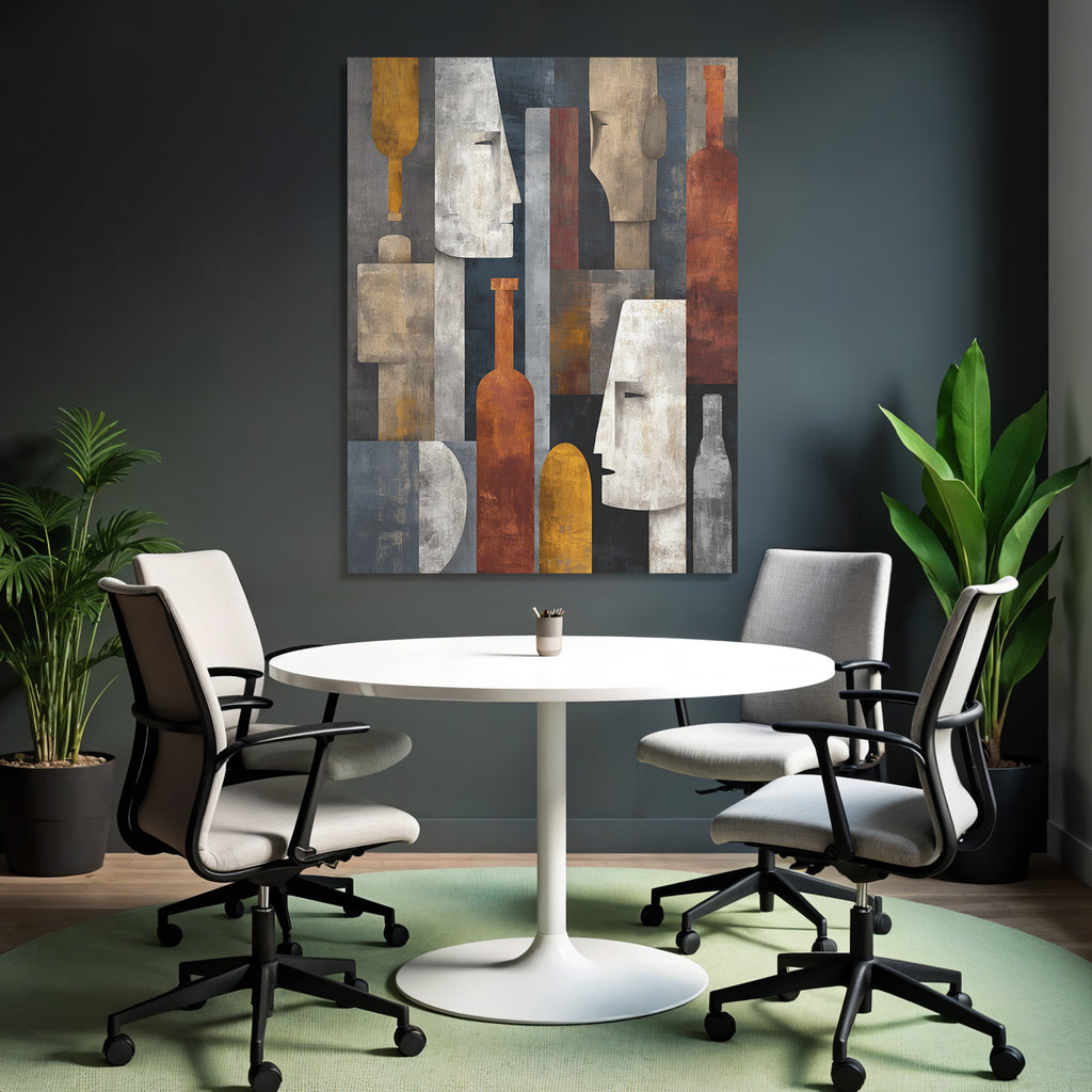 Abstrakte Kunst Stilisierte Gesichter Flaschen Geometrisches Muster Gedaempfte Farben