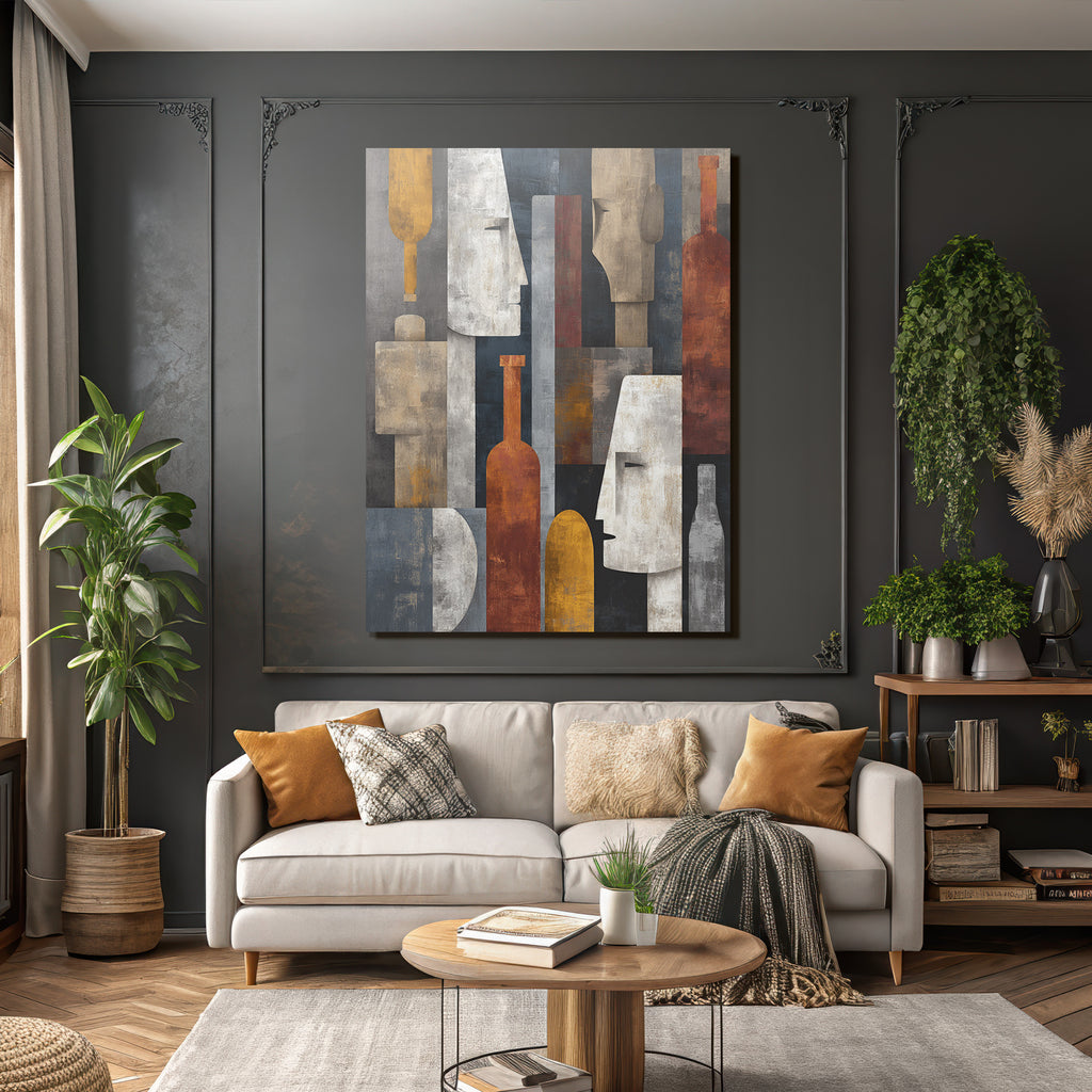 Abstrakte Kunst Stilisierte Gesichter Flaschen Geometrisches Muster Gedaempfte Farben