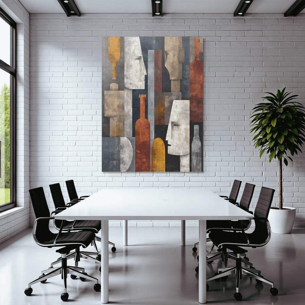 Abstrakte Kunst Stilisierte Gesichter Flaschen Geometrisches Muster Gedaempfte Farben