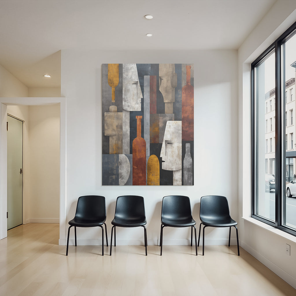 Abstrakte Kunst Stilisierte Gesichter Flaschen Geometrisches Muster Gedaempfte Farben