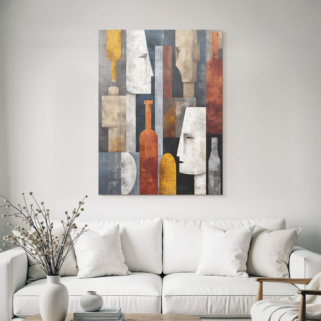 Abstrakte Kunst Stilisierte Gesichter Flaschen Geometrisches Muster Gedaempfte Farben