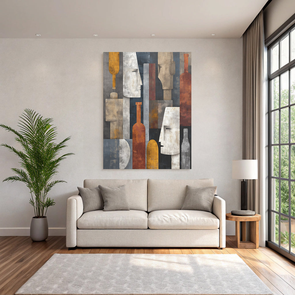 Abstrakte Kunst Stilisierte Gesichter Flaschen Geometrisches Muster Gedaempfte Farben