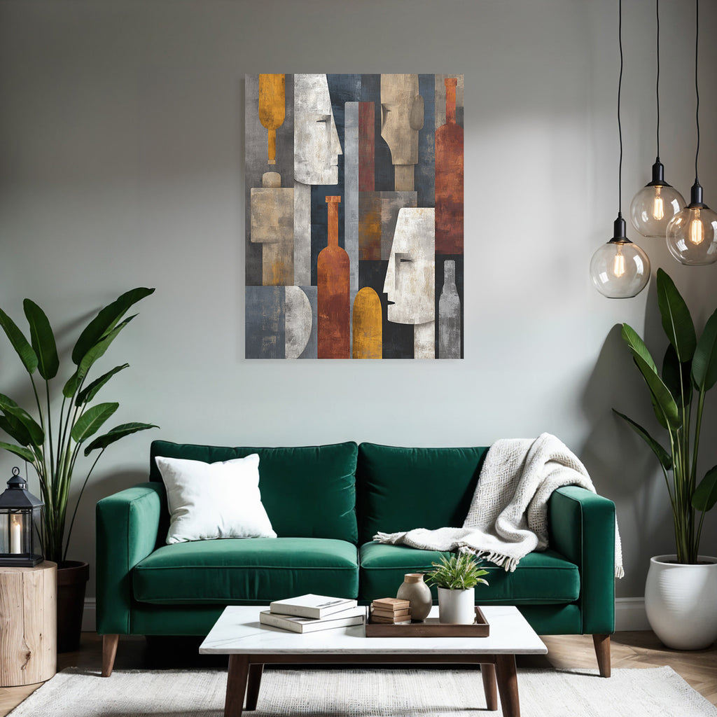 Abstrakte Kunst Stilisierte Gesichter Flaschen Geometrisches Muster Gedaempfte Farben