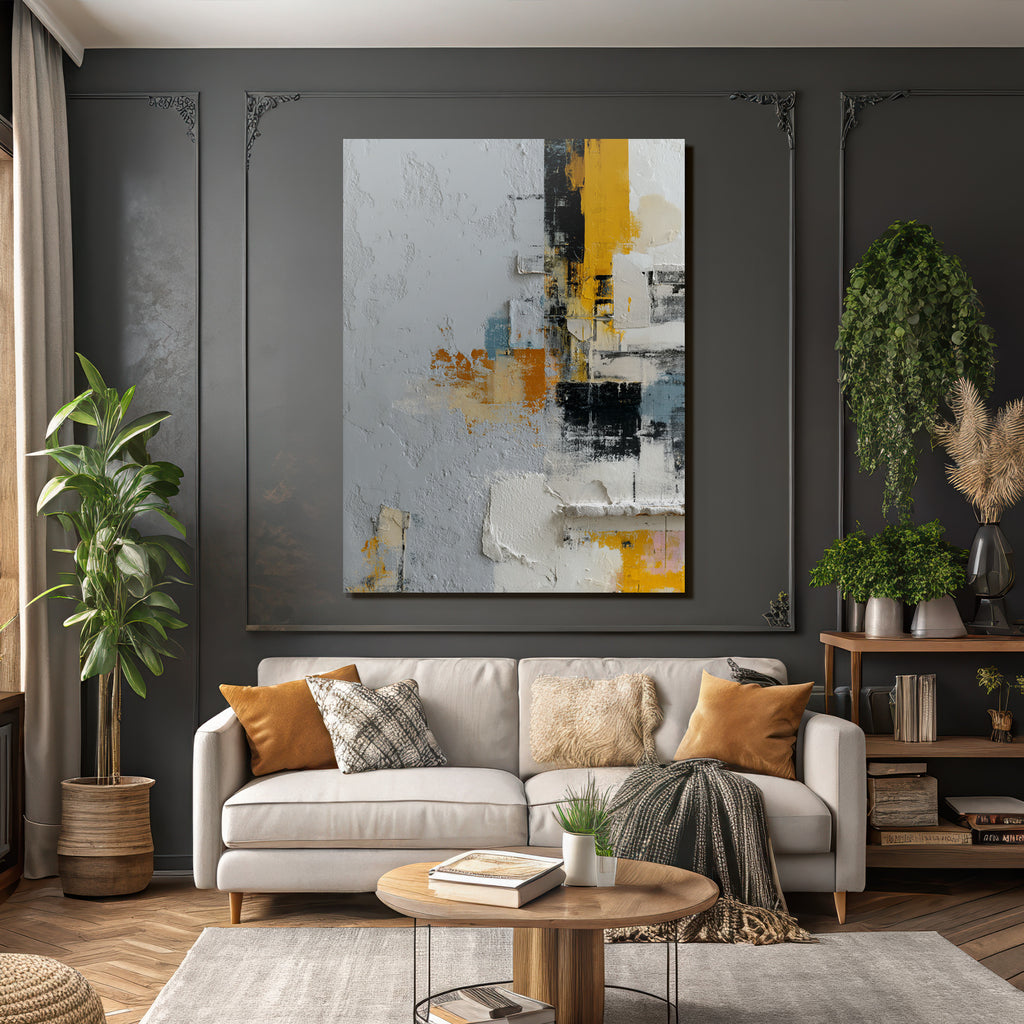 Abstrakte Kunst Textur Oberflaeche Grau Gelb Schwarz Orange
