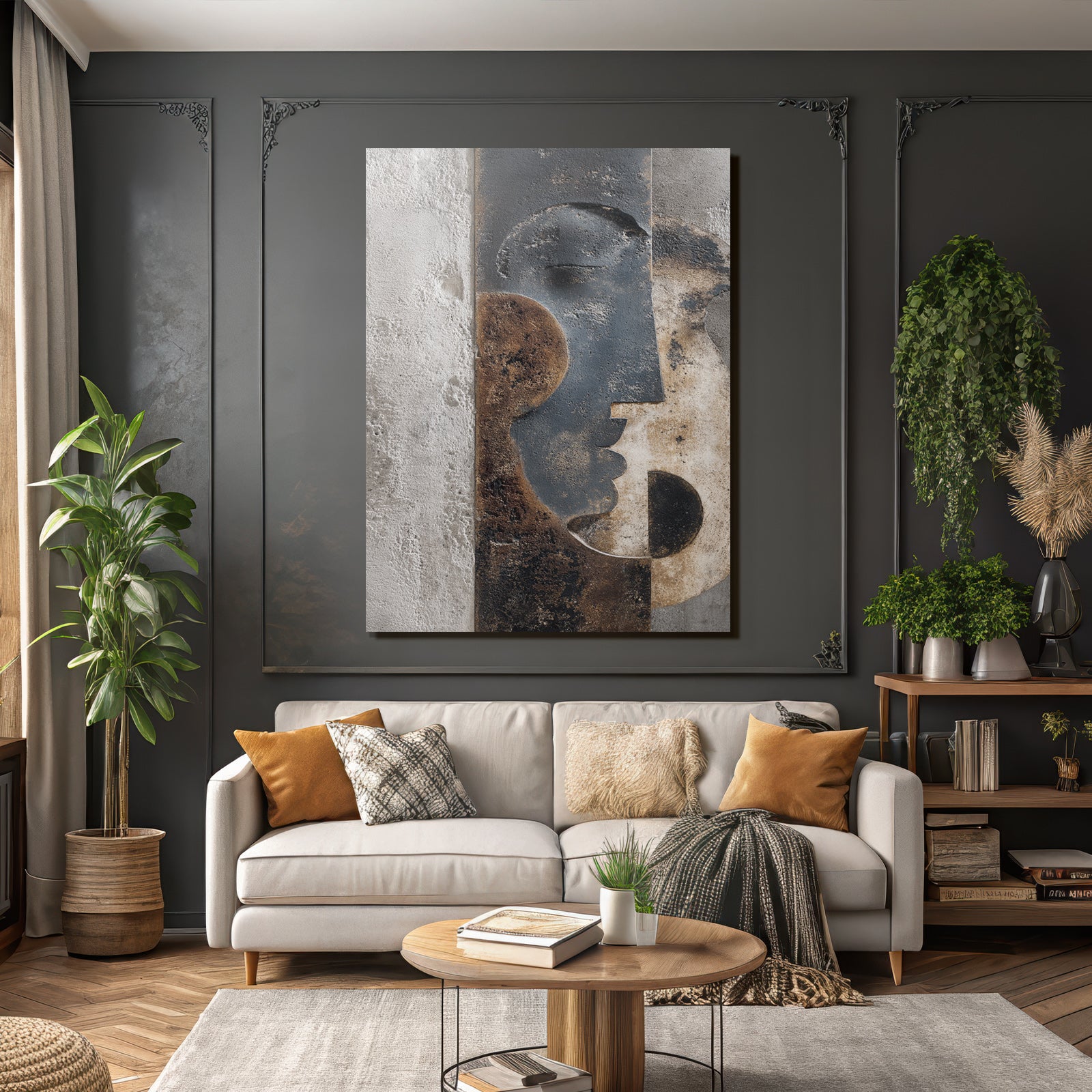 Abstraktes Design Skulptur Wandkunst Gesichter Kreisformen