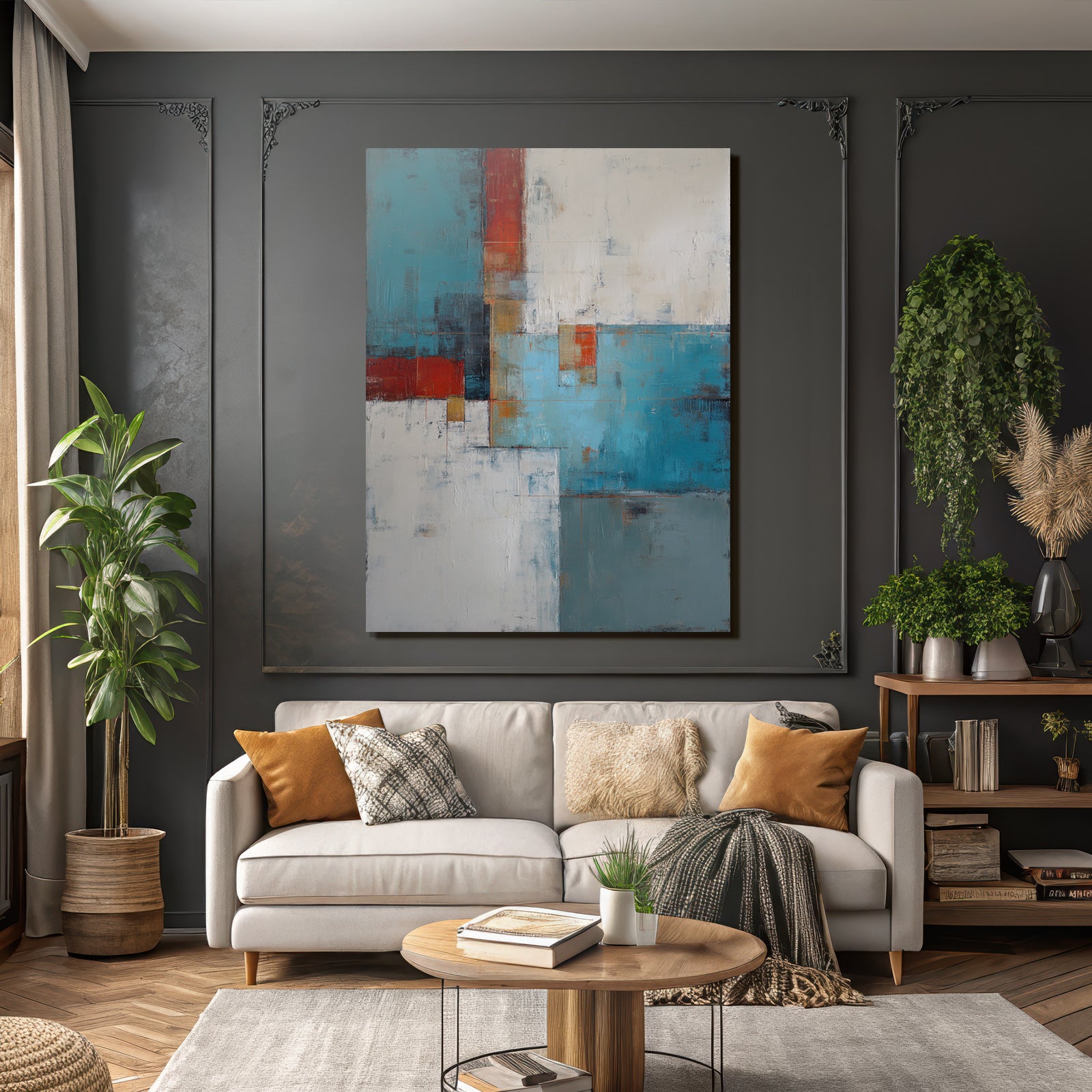Abstraktes Gemaelde Farben Blau Rot Weiss Gold Grau