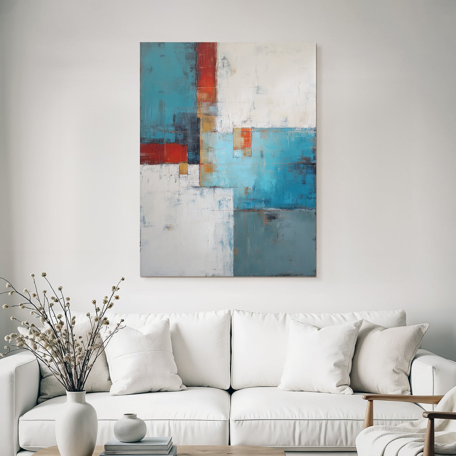 Abstraktes Gemaelde Farben Blau Rot Weiss Gold Grau