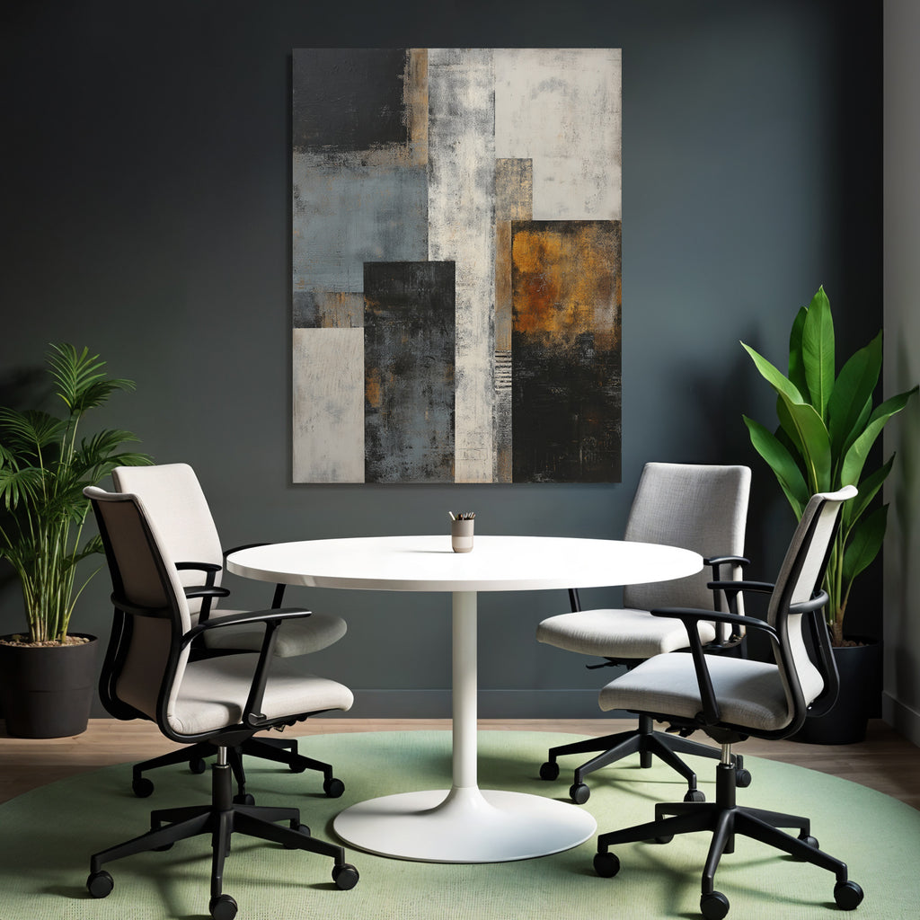 Abstraktes Gemaelde Geometrische Formen Schwarz Grau Weiss Gold