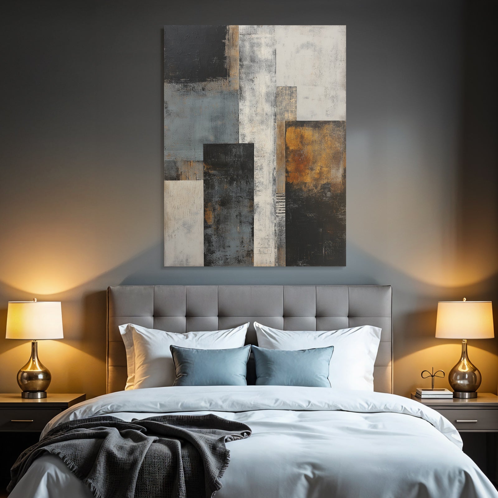 Abstraktes Gemaelde Geometrische Formen Schwarz Grau Weiss Gold