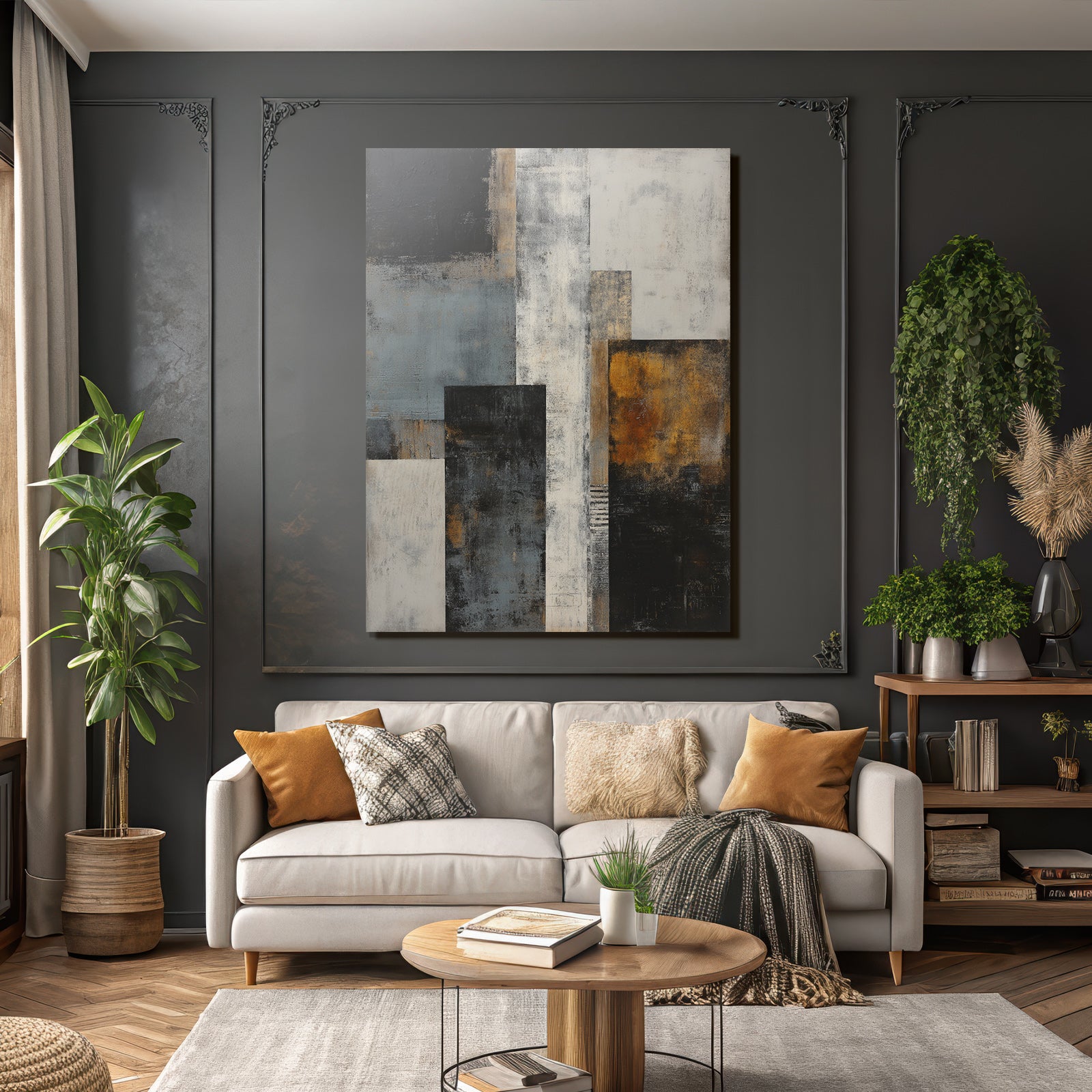 Abstraktes Gemaelde Geometrische Formen Schwarz Grau Weiss Gold