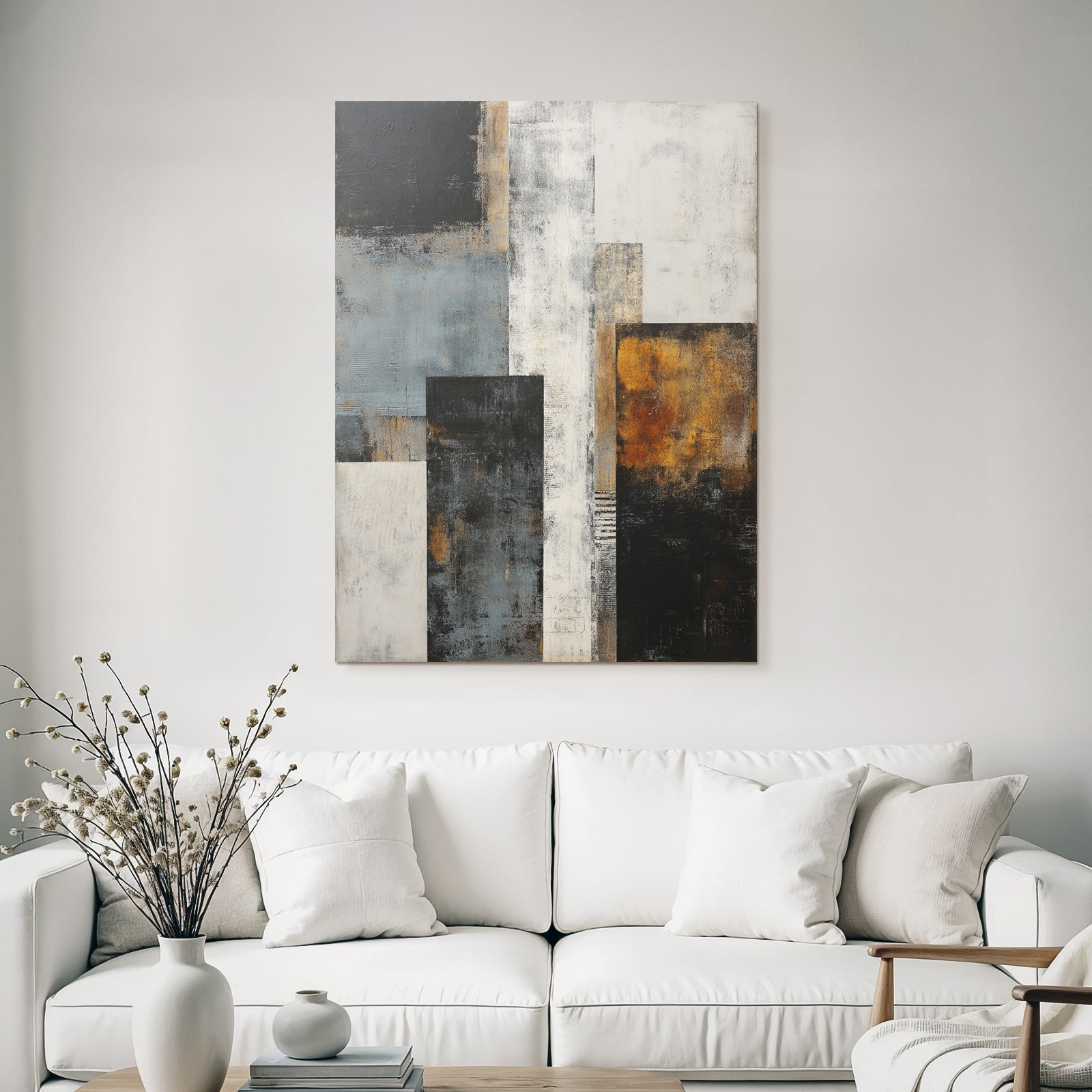 Abstraktes Gemaelde Geometrische Formen Schwarz Grau Weiss Gold