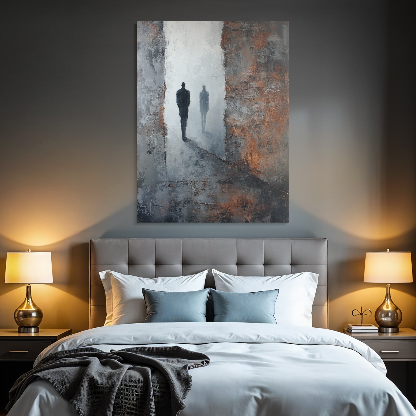 Abstraktes Gemaelde Silhouetten Figuren Lichtquelle Texturierter Hintergrund