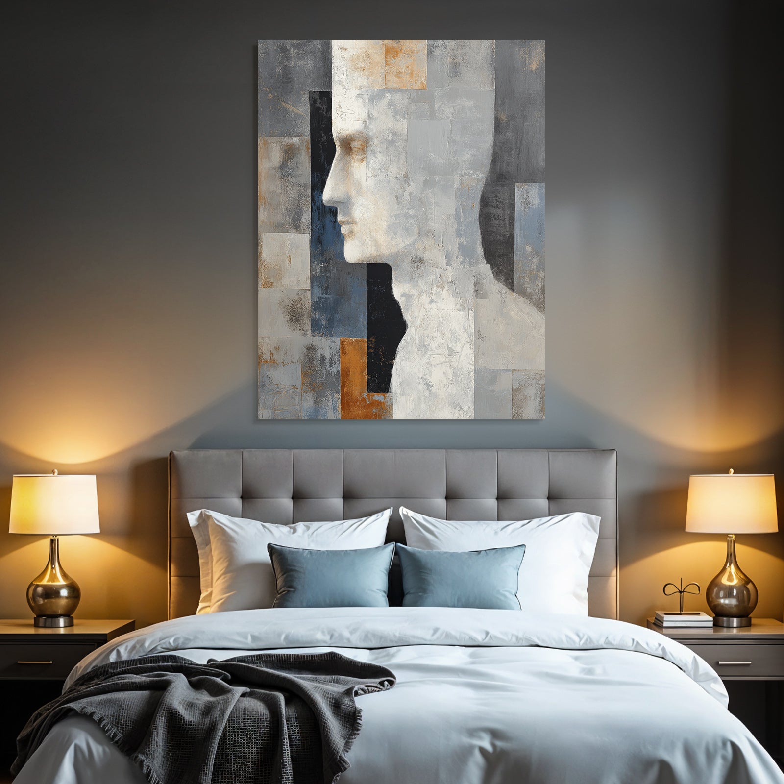 Abstraktes Kunstwerk Menschliches Profil Geometrische Muster Grau Weiss Gold Orange
