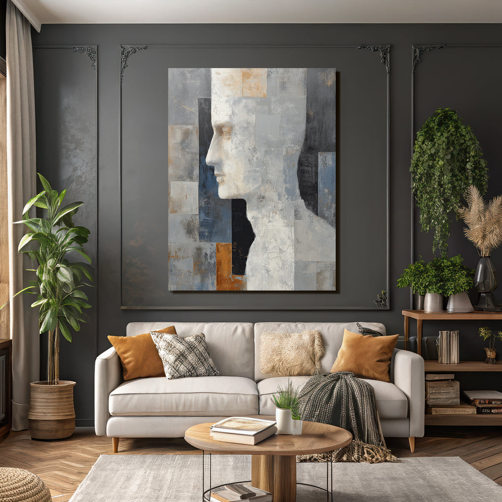 Abstraktes Kunstwerk Menschliches Profil Geometrische Muster Grau Weiss Gold Orange