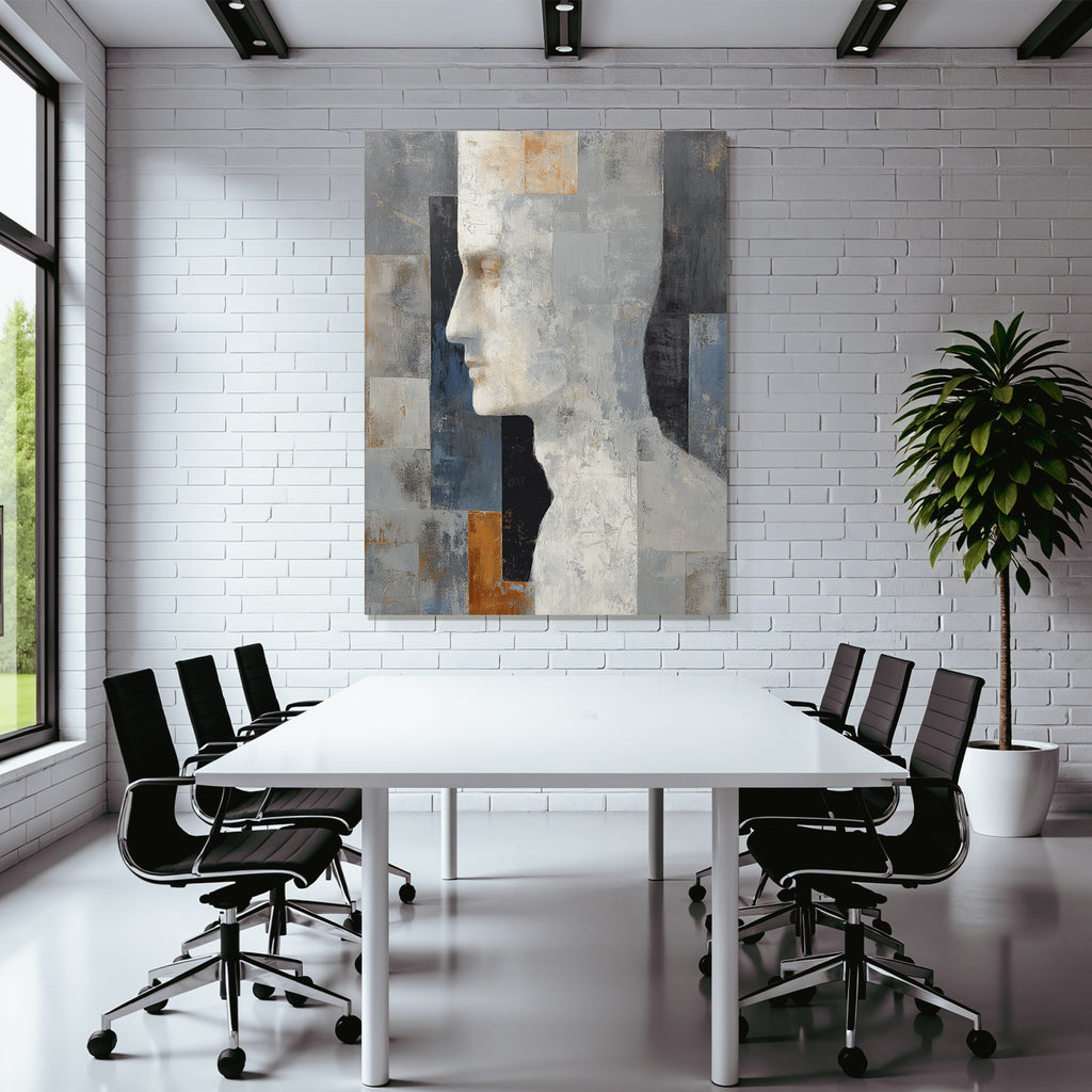 Abstraktes Kunstwerk Menschliches Profil Geometrische Muster Grau Weiss Gold Orange