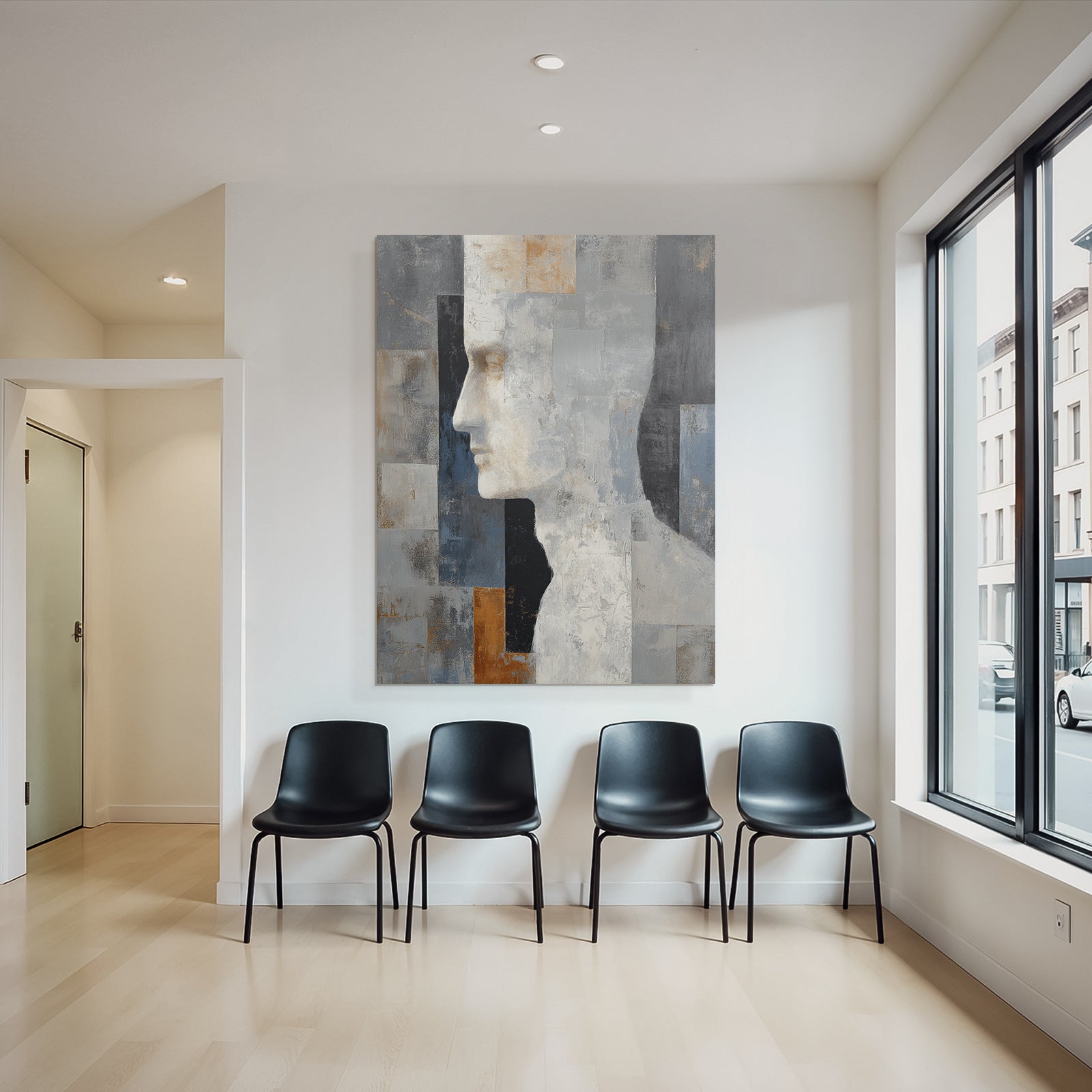 Abstraktes Kunstwerk Menschliches Profil Geometrische Muster Grau Weiss Gold Orange