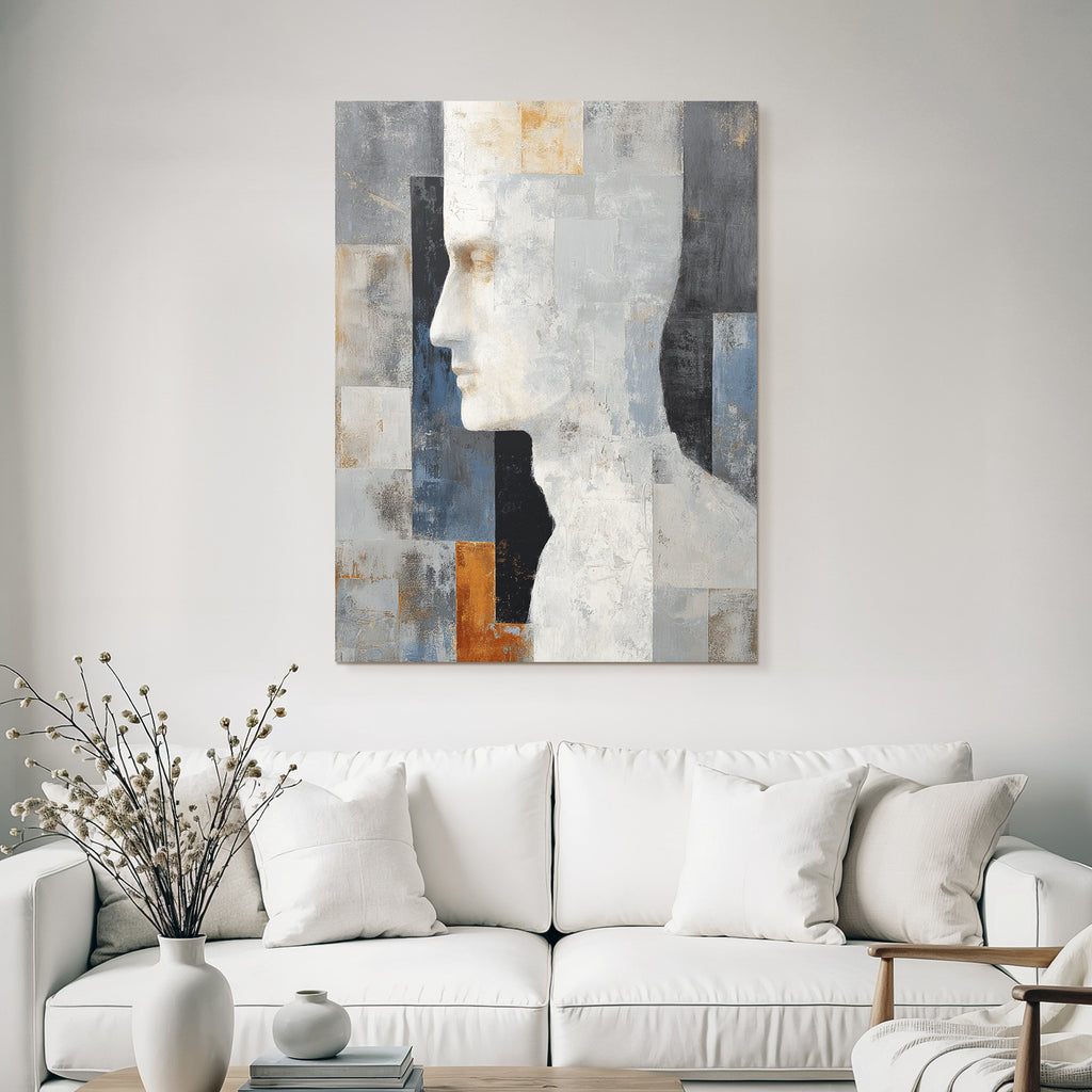 Abstraktes Kunstwerk Menschliches Profil Geometrische Muster Grau Weiss Gold Orange