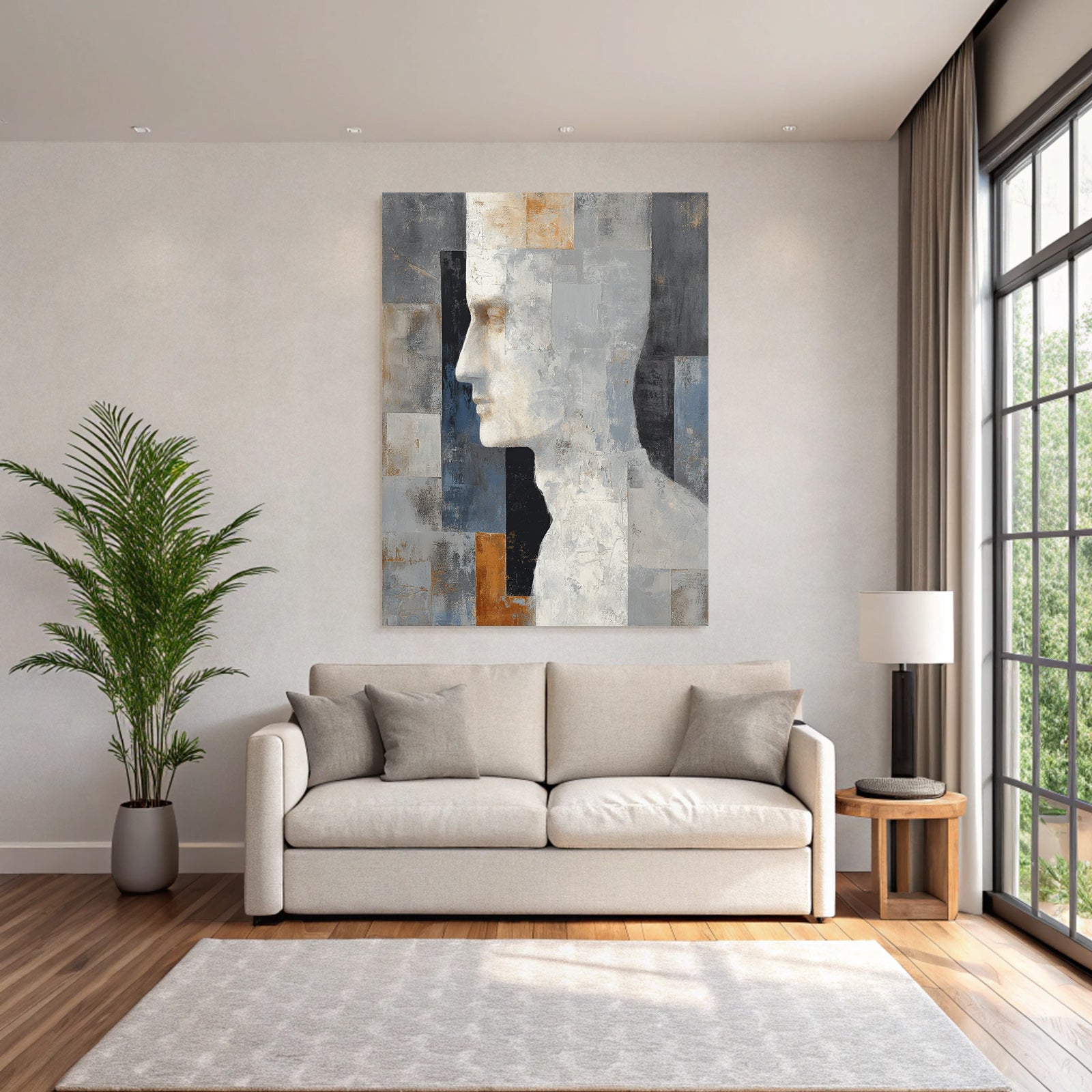 Abstraktes Kunstwerk Menschliches Profil Geometrische Muster Grau Weiss Gold Orange