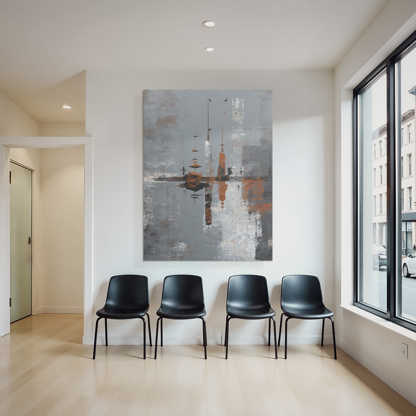 Abstraktes Kunstwerk Mit Vertikalen Strukturen Grau Orange Weiss Jpg