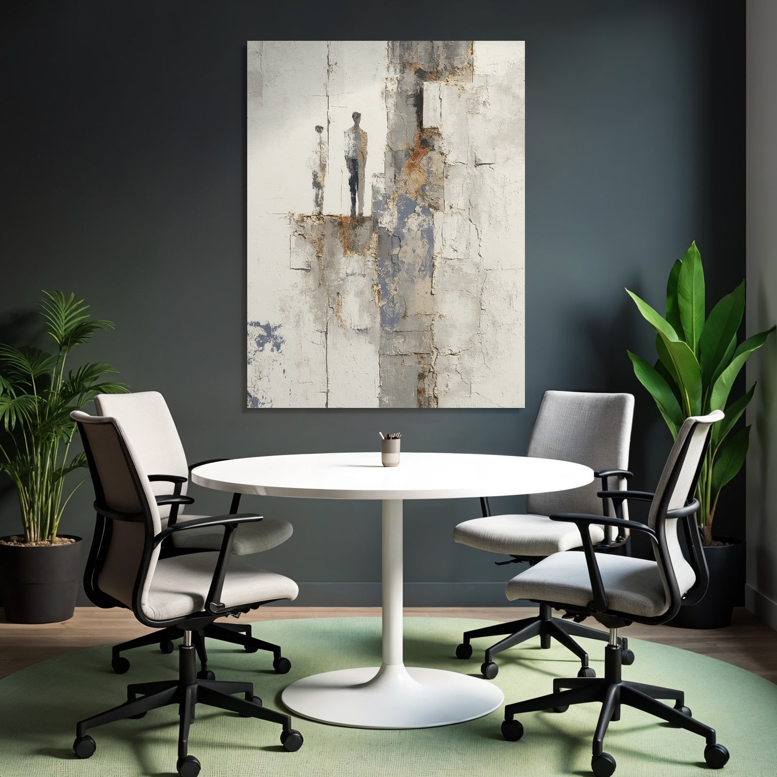 Abstraktes Minimalismus Gemaelde Zwei Figuren Texture Hintergrund Muted Farben