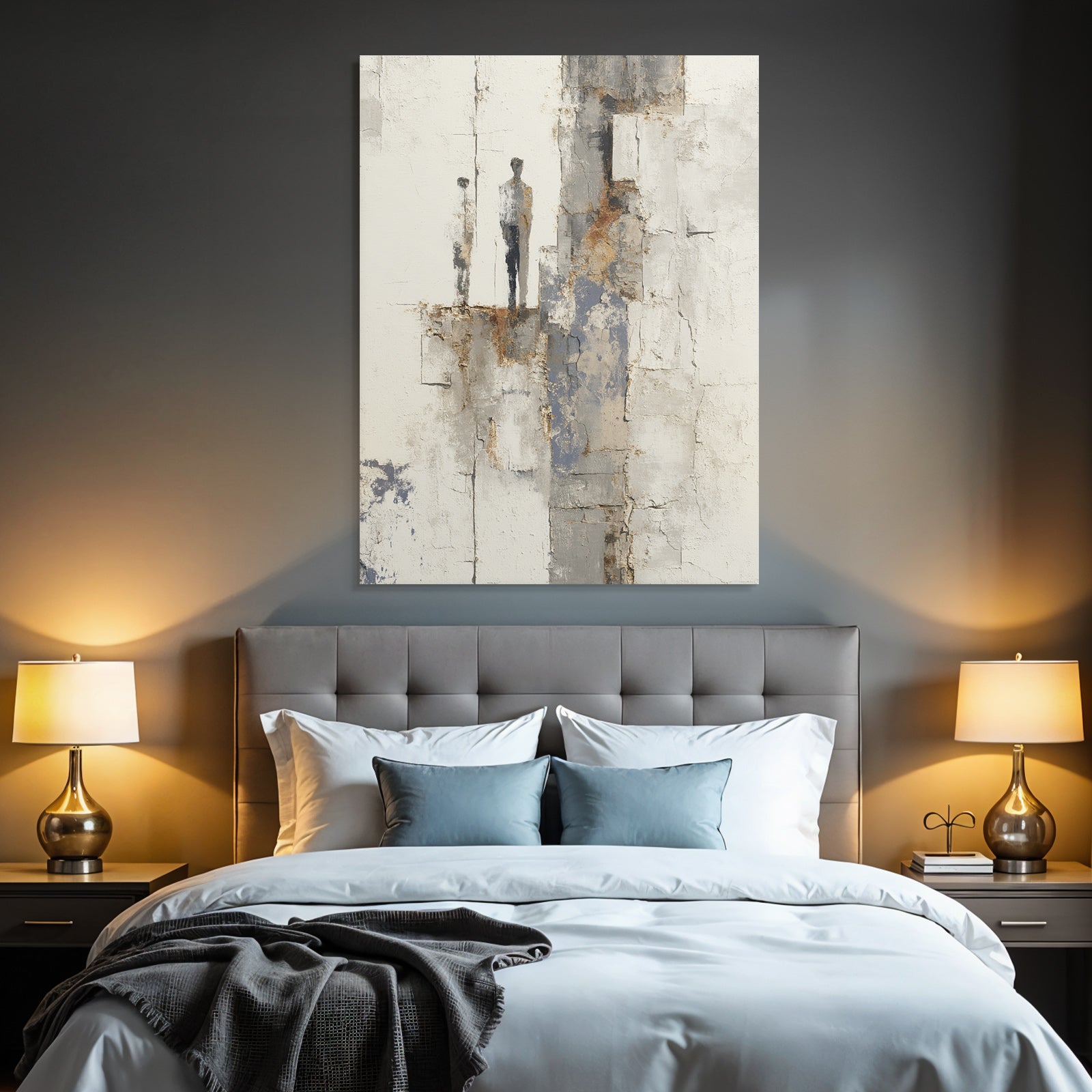 Abstraktes Minimalismus Gemaelde Zwei Figuren Texture Hintergrund Muted Farben